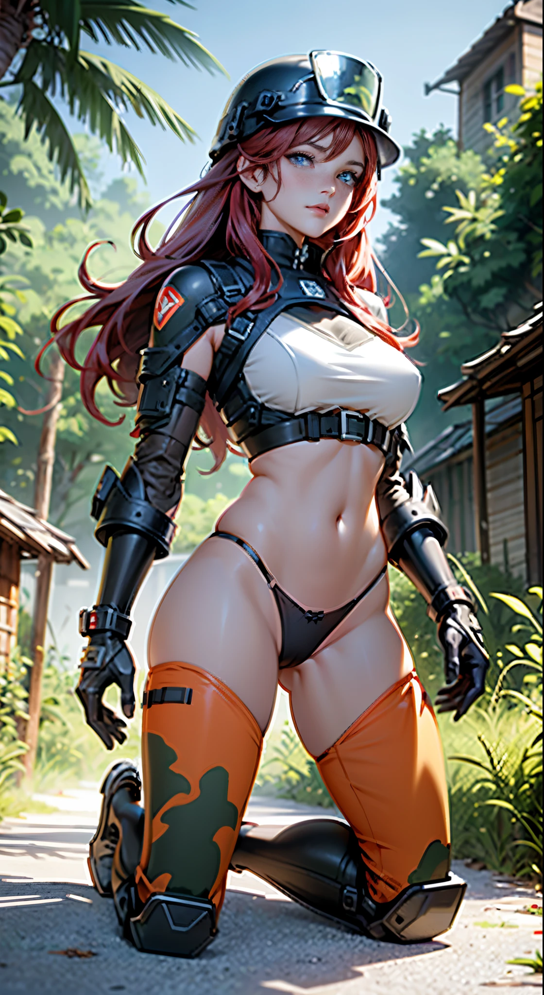 1woman 20 years old, max resolution, sculpted, military, wearing a soldier helmet, beautiful, perfect body, red hair, blue eyes, perfect body, thin waist, wide hips, large breasts, slim thighs, jungle background, armored vehicle, military robot dog, camouflaged uniform, tight panties, two-piece, highly detailed, high resolution, perfect hands, side view, camo, face fully turned to the side to look at the viewer, turn her head to look at the viewer, genuflection kneeling, one knee on ground, one knee up, bare shoulders