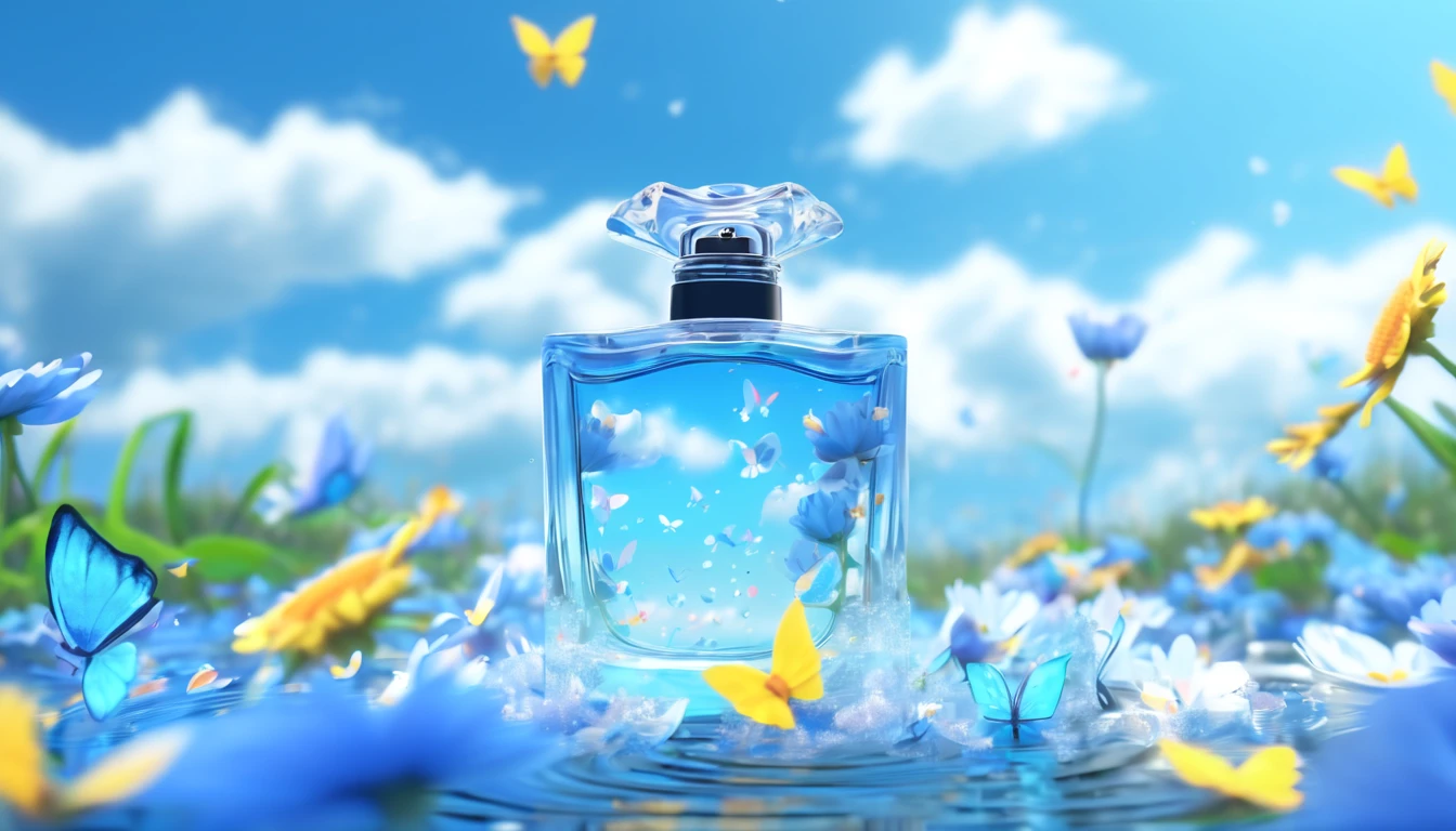 There is a blue perfume sitting in the middle of a waterlogged flower field, blue sky, clouds, butterflies, splashing water, high detail scene, animation style rendering, high fidelity art style, high detail composition, beautiful composition 3d 4k, fan art, spring vibration, bottom Angle, blur and dreamlike illustrations, dreamlike scene, digital art, high fidelity aesthetics