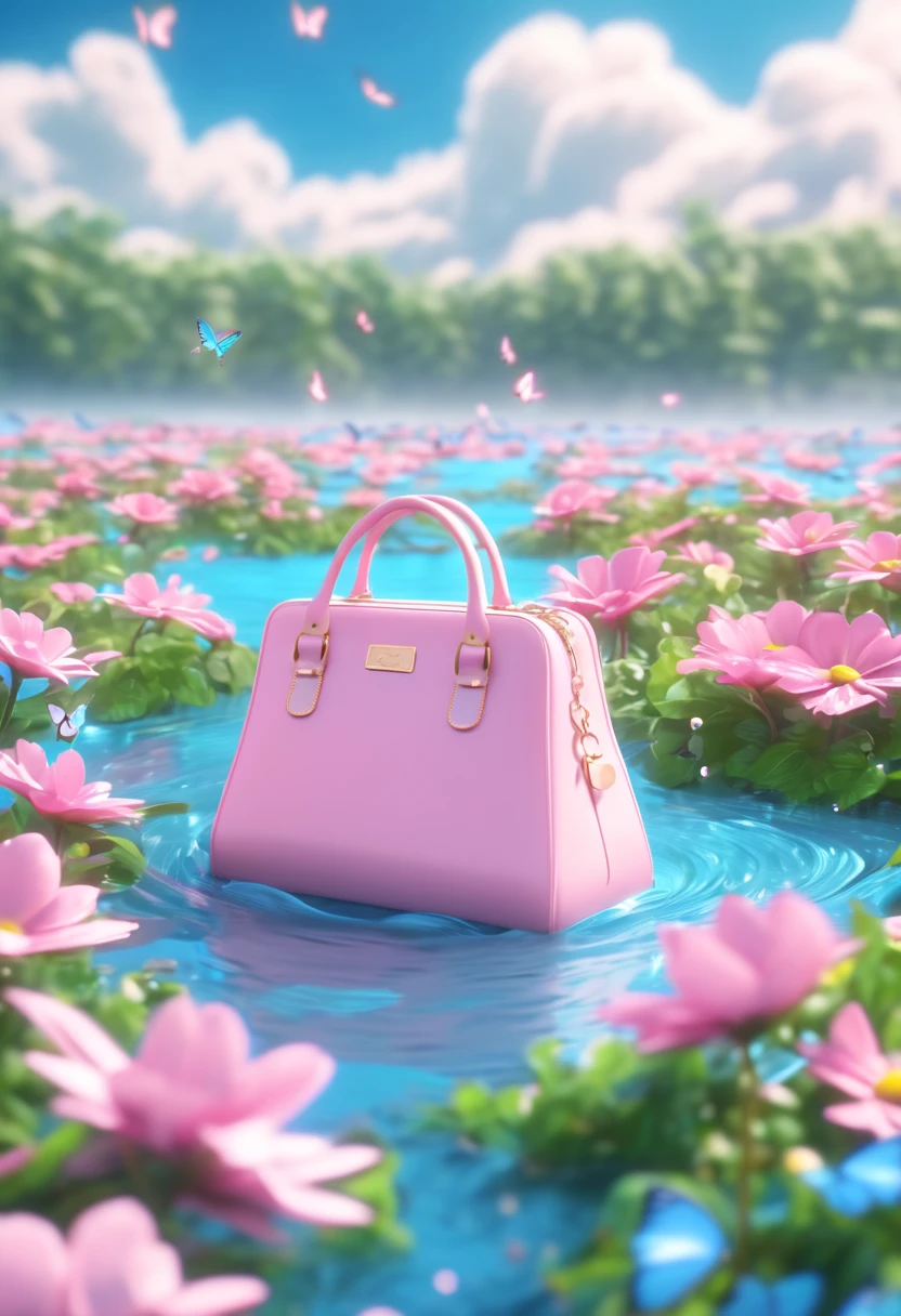 There is a pink female bag sitting in the middle of a water-soaked flower field, blue sky, clouds, butterflies, splashing water, high detail scene, animation style rendering, high fidelity art style, high detail composition, beautiful composition 3d 4k, fan art, spring vibration, bottom Angle, blur and dreamlike illustrations, dreamlike scene, digital art, high fidelity aesthetics