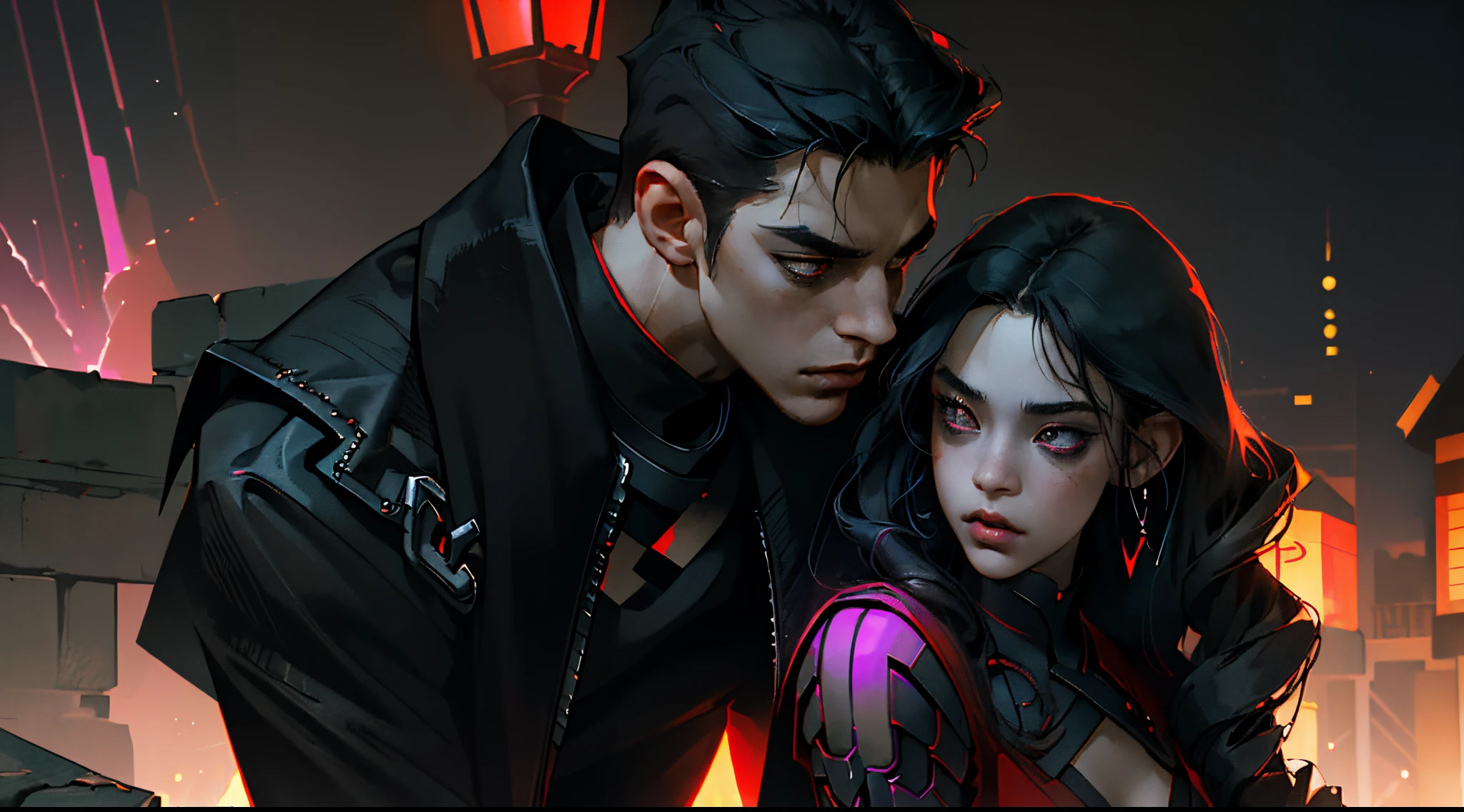 (Best Quality, Masterpiece) man and girl kissing, couple kissing, (The details are great), the night, a boy and a girl, Young, sharp facial features, black hair, Beautiful, detailed faces, 4k, Black Cyberpunk Clothing, light skin, gloomily, dark alley, 詳細な目, passion, Red lanterns