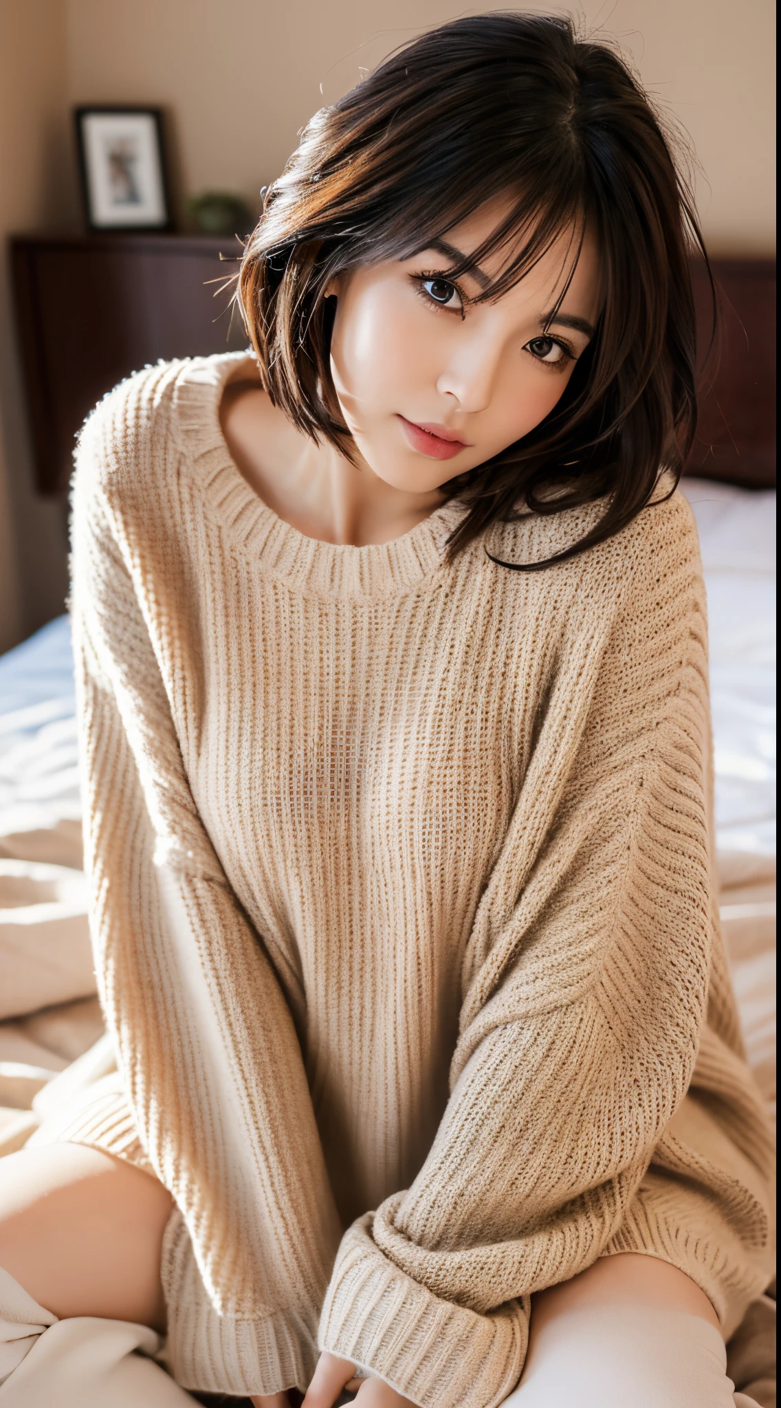 Best Quality, 8k, 32k, Masterpiece,Attractive Japan Woman Pictures, One Girl, (full body : 1.0), Abs, Perfect Body, (oversized tunic sweater : 1.1), (boots:1.1), Ultra Detailed Face, Detailed Lips, Fine Eyes, Double Eyelids,short hair,Disheveled Hair,erotic pose,