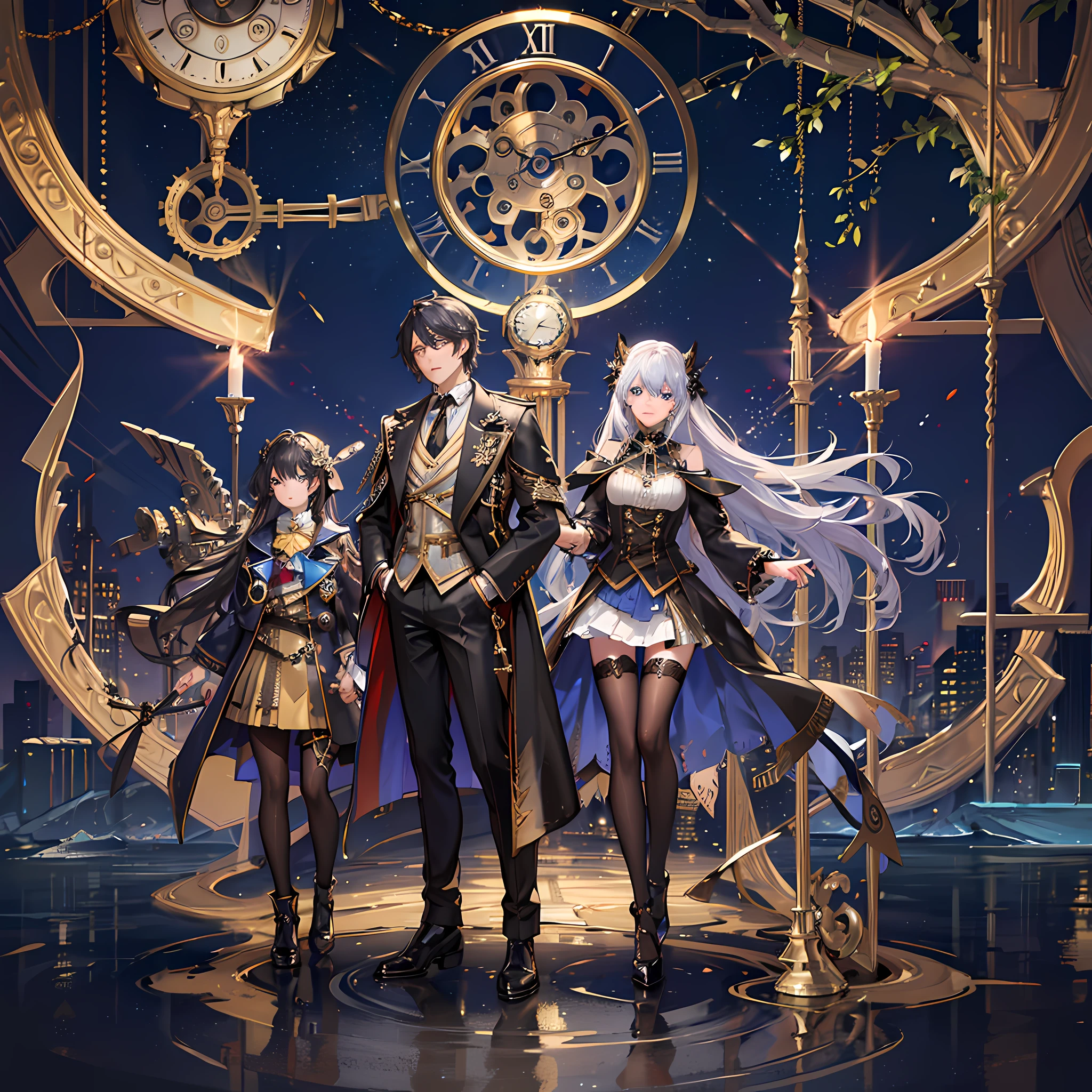 absurdres, best quality, fine detailed, 8k, 1girl, silver long hair, blue eyes, fantasy long dress, hair ornaments, 1 boy, black hair, gold eyes, fantasy long black coat, Many huge clocks and mechanical gears floating in the blue sky, a huge clock decorated with crystal texture, gears of various sizes, clock-themed ornament, silver chain, steampunk, ray tracing, refraction, cinematic lighting, fisheye lens, tyndall effect