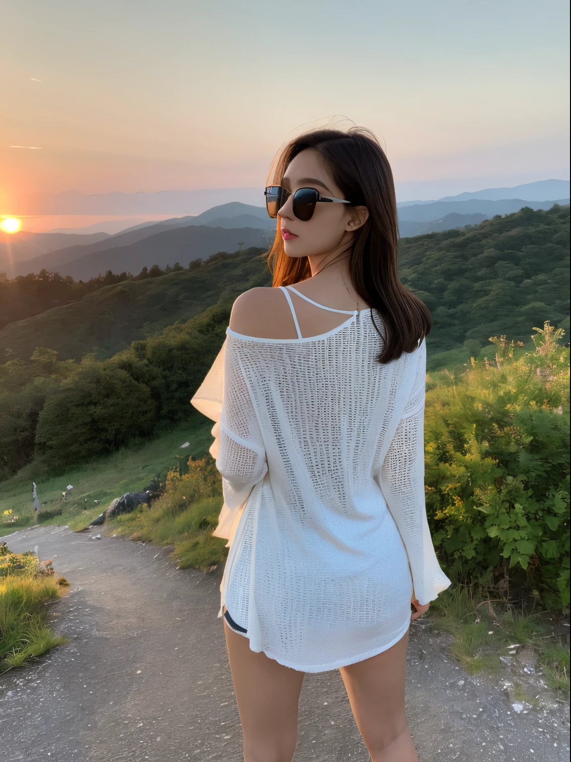 ((Best Quality,8K,Master masterpiece:1.3)), 1girl in, full body Esbian, Slim Face, Beautiful woman, (Short dark brown hair), Longtop, Super Detailed Face, Detailed eyes, Back,Standing on a mountainside wearing sunglasses,watch the sunrise in the distance, Blur the background, Slim Face, Yamakawa,Sunrise,