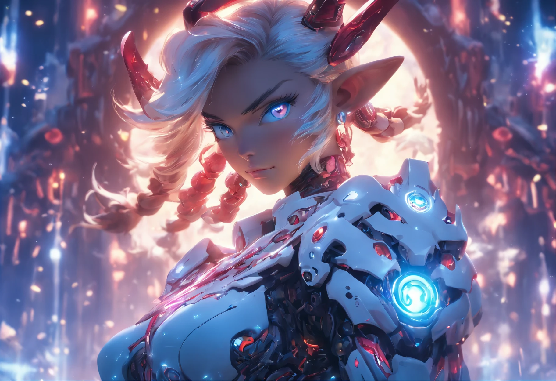 (cow boy shot:1.2),(wide - angle shot), (shot from afar:1.3), (Complicated details:1.4), (tmasterpiece) , ((anime robots, Beautiful puppet, ((white skinned)), angelicales, 1个Giant Breast Girl, magia)), (Perfect aesthetic eyes:1.3) , (詳細な目) , (The halo:1.2) , (Ring of Fire:1.3), (Mechanical wings), (wings:1.3), glowing, Double ponytail hair, Colorful hair, (Perfect hands:1.1), (Anatomically correct body:1.4), (s the perfect face), Majestic guardian knight | Super detailed robot armor | 电影灯光 | intricate filigree metal design | 16k | Unreal Engine5 | octaneratingrendering | 3D, (Anatomically correct :1.4), (Holographic hyperspace metaverse 50mm, ultra - detailed, Fantasy Background, Be red in the face, Alone), (Combat posture:1.3), (Magic Array:1.3), lightning effects, (Ray traching), Show your abilitiesA.my., (glowing light eyes) , (Luminous Particle) , 16k wallpaper, Robot woman,