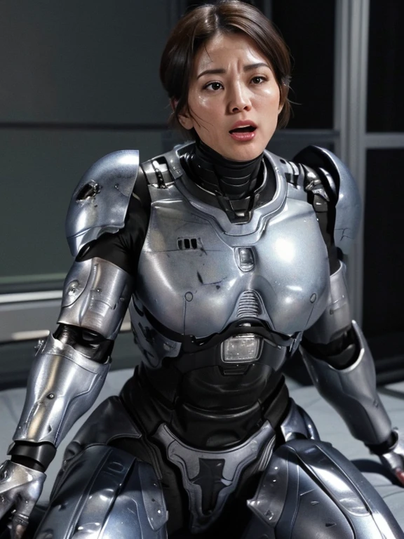 ((Two middle-aged women))Textured skin, Super Detail, high details, High quality, Best Quality, hight resolution, 1080p, , (lying back on)Beautiful,(War Machine),beautiful cyborg woman,Mecha Cyborg Girl,(Full body crimson armor)((heavily damaged armor)),A woman with a feminine mechanical body、Gentle face　A dark-haired,Fulll body Shot)、、Very sweaty face、groggy expression、laying on back、Turn your face at an angle、Opening Mouth((put out the tongue)、Smoke comes from the whole body((Deep cracks in the armor of the whole body))(short-haired　Opening legs　The vagina is visible