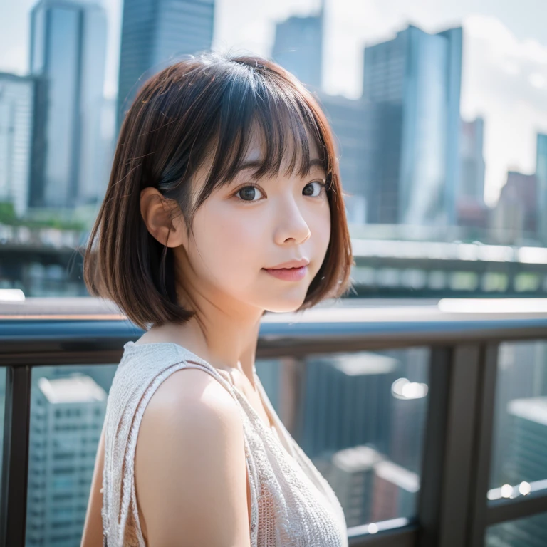 girl with the same face as last time, Upper body, Cityscape,  Blurry background,