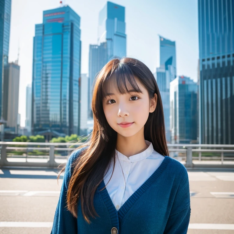 girl with the same face as last time, Upper body, Cityscape, Blurry background,