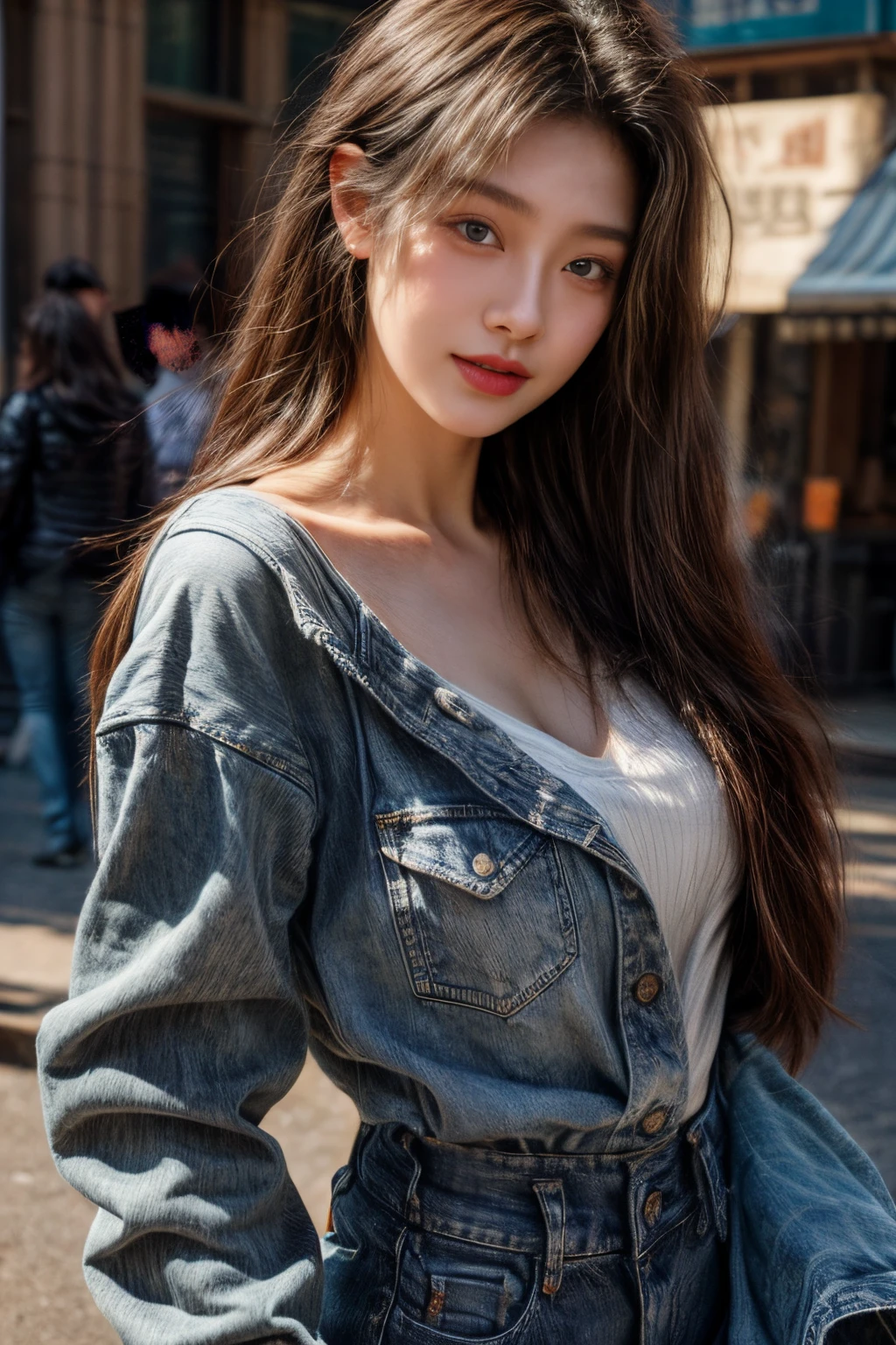 masterpiece、8K、32K、top-quality、(A detailed eye)、(A cute Japanese woman、bangss)、23years old、1 girl in、elegent、(Detailed background depiction、portlate:1.2)、(jeans pants:1.2)、new york streets、Sunlight、during daytime、ssmile、(zoomout:1.8)