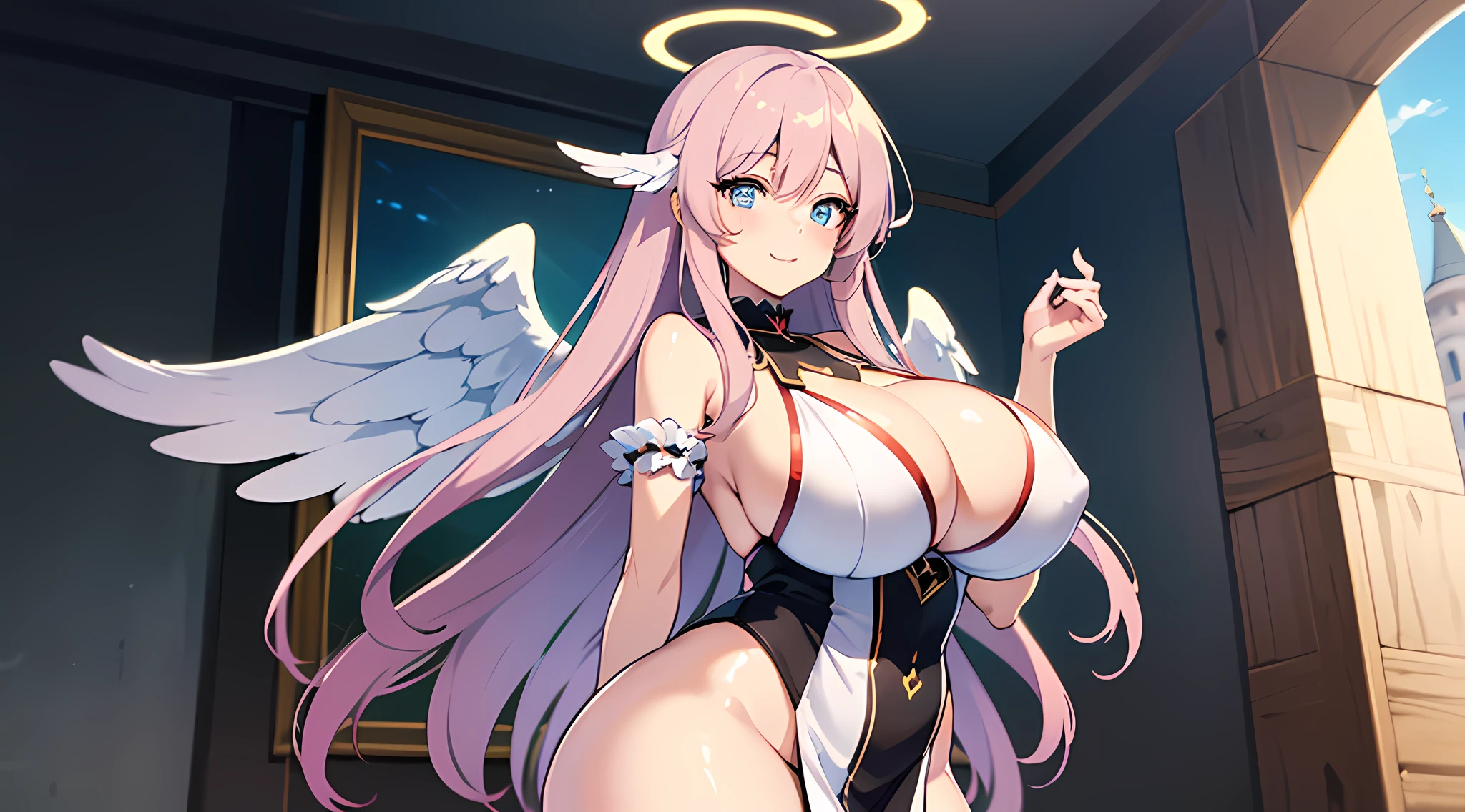 anime girl with big breast standing in a castle, (angel halo, angel wings, beautiful eyes finely detailed), seductive anime girl, smooth anime cg art, oppai, anime moe artstyle, girl in dress, [ 4 k digital art ]!!, thicc, cute anime waifu in a nice dress, (sfw) safe for work, fluffy chest, marin kitagawa fanart, attractive anime girl