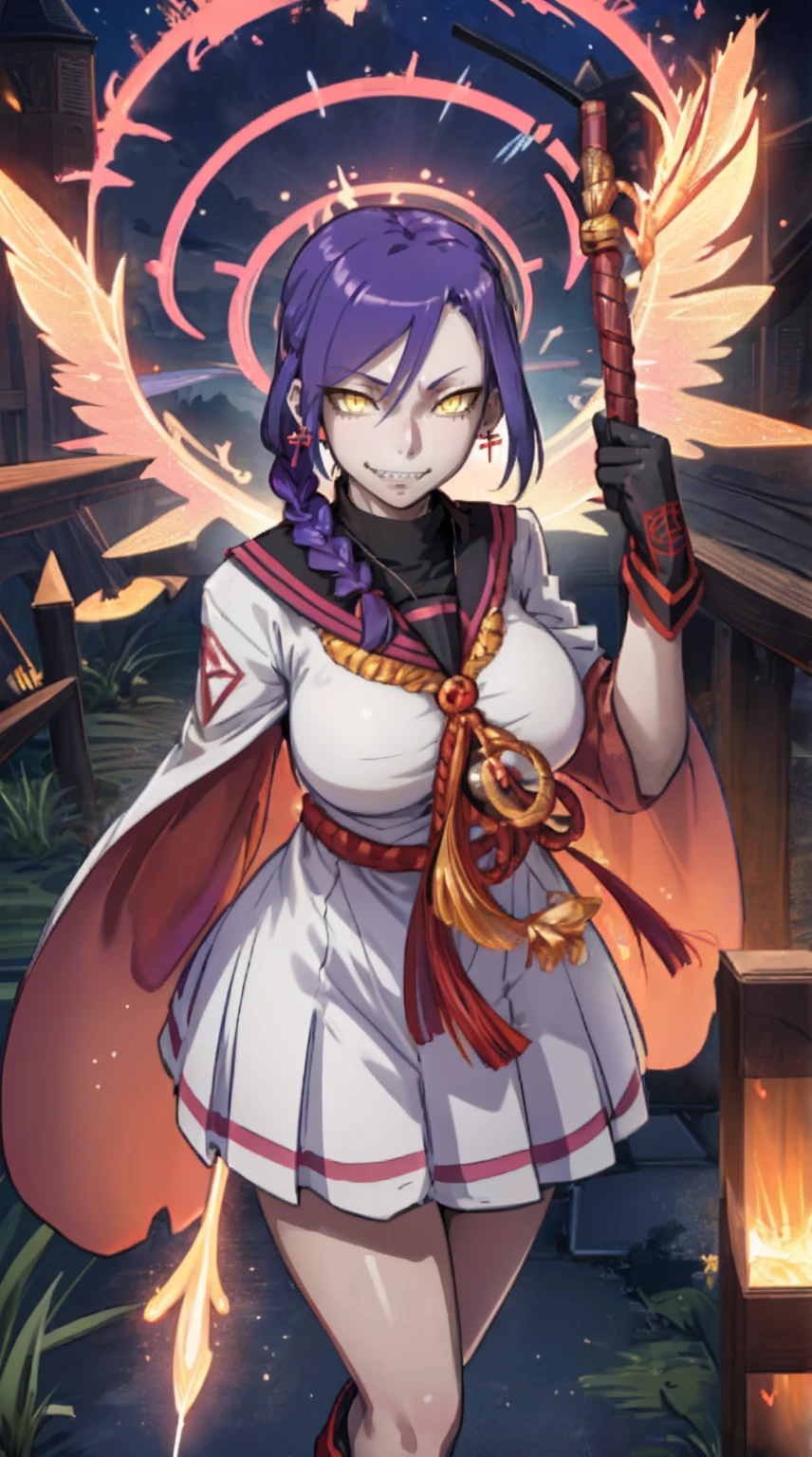 1girl, solo, looking at viewer, cowboy shot, hand arms full body,boots, standing,cute,breast, curvy, female,fantasy goddess,there is a cartoon picture of a woman with a very large breast, glowing divine being, glowing holy aura, inspired by Luma Rouge, the non-binary deity of spring, ethereal rainbow nimbus, the butterfly goddess of fire, inspired by Mariel, glowing aura around her, astral wind, as the goddess of the saturn, “uwu the prismatic person, big breast, serious, beautiful eyes, , full body, walking, long robe, long dress, ,priestess ,holy, smile, god rays, ray tracing, sparkle, cinematic lighting, UHD, retina, masterpiece, ccurate, anatomically correct, textured skin, super detail, high details, high quality, award winning, best quality, highres, 1080P, HD, 4K, thunder aura, light aura,full, snak staff,closed mouth #re:creators #maggane chikujoin: chikujoin magane sharp teeth single braid school uniform serafuku pleated skirt thighhighs gloves earrings Version No.:, long skirt, sharpteeth smile, pullover,tunic, standing, posing