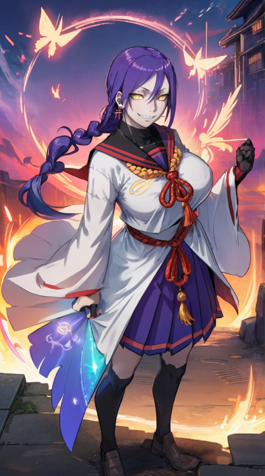 1girl, solo, looking at viewer, cowboy shot, hand arms full body,boots, standing,cute,breast, curvy, female,fantasy goddess,there is a cartoon picture of a woman with a very large breast, glowing divine being, glowing holy aura, inspired by Luma Rouge, the non-binary deity of spring, ethereal rainbow nimbus, the butterfly goddess of fire, inspired by Mariel, glowing aura around her, astral wind, as the goddess of the saturn, “uwu the prismatic person, big breast, serious, beautiful eyes, , full body, walking, long robe, long dress, ,priestess ,holy, smile, god rays, ray tracing, sparkle, cinematic lighting, UHD, retina, masterpiece, ccurate, anatomically correct, textured skin, super detail, high details, high quality, award winning, best quality, highres, 1080P, HD, 4K, thunder aura, light aura,full, snak staff,closed mouth #re:creators #maggane chikujoin: chikujoin magane sharp teeth single braid school uniform serafuku pleated skirt thighhighs gloves earrings Version No.:, long skirt, sharpteeth smile, pullover,tunic, standing, posing