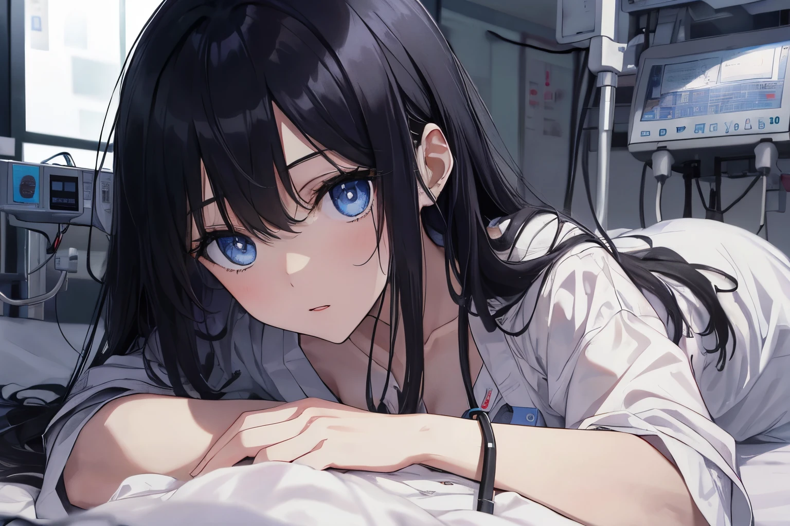 A young girl in a hospital gown, Long black hair hanging loosely, Lie on the bed in the ward, Peripheral medical equipment, The picture shows the hospital rescue scene, Blue eyes,