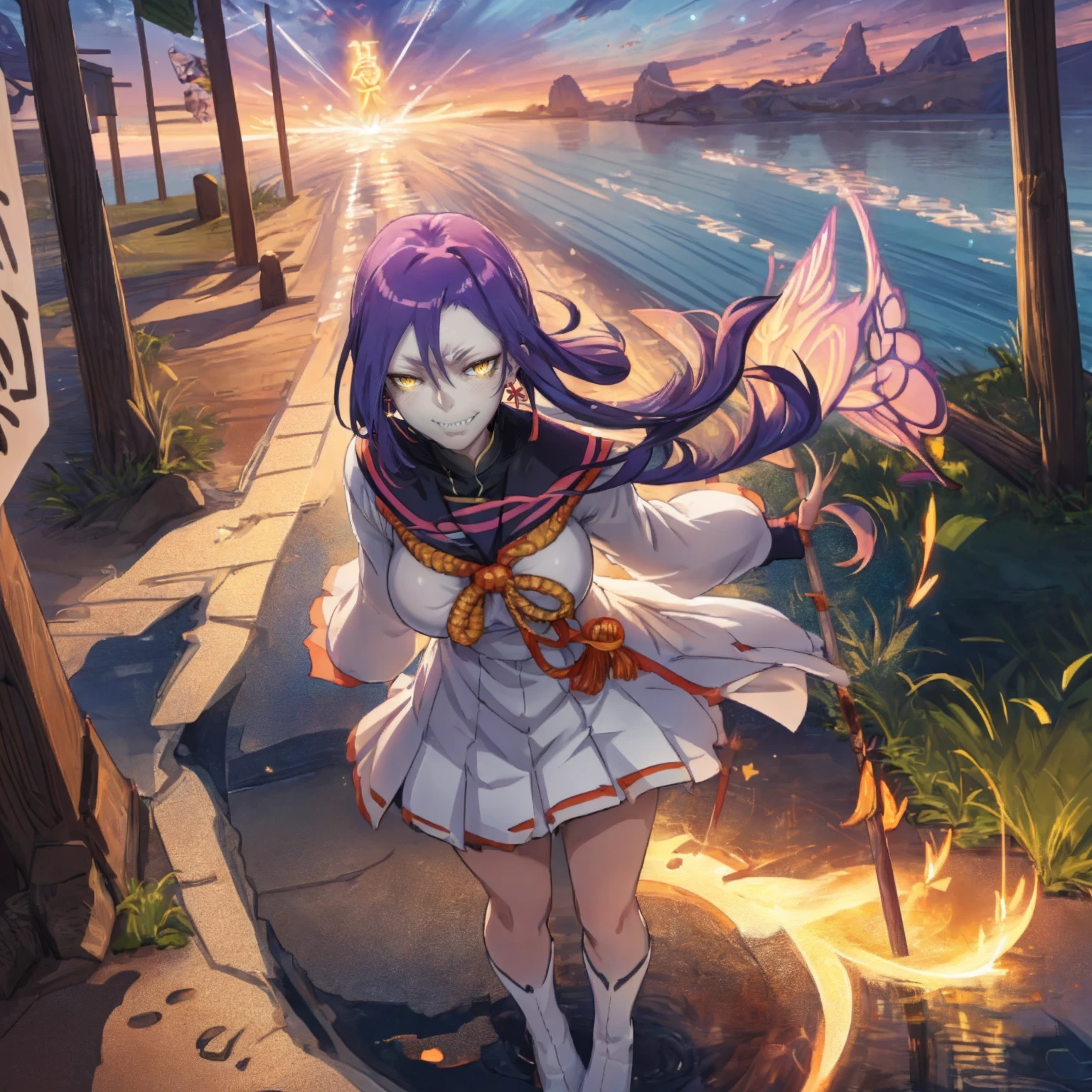 1girl, solo, looking at viewer, cowboy shot, hand arms full body,boots, standing,cute,breast, curvy, female,fantasy goddess,there is a cartoon picture of a woman with a very large breast, glowing divine being, glowing holy aura, inspired by Luma Rouge, the non-binary deity of spring, ethereal rainbow nimbus, the butterfly goddess of fire, inspired by Mariel, glowing aura around her, astral wind, as the goddess of the saturn, “uwu the prismatic person, big breast, serious, beautiful eyes, , full body, walking, long robe, long dress, ,priestess ,holy, smile, god rays, ray tracing, sparkle, cinematic lighting, UHD, retina, masterpiece, ccurate, anatomically correct, textured skin, super detail, high details, high quality, award winning, best quality, highres, 1080P, HD, 4K, thunder aura, light aura,full, snak staff,closed mouth #re:creators #maggane chikujoin: chikujoin magane sharp teeth single braid school uniform serafuku pleated skirt thighhighs gloves earrings Version No.:, long skirt, sharpteeth smile, pullover,tunic, standing, posing