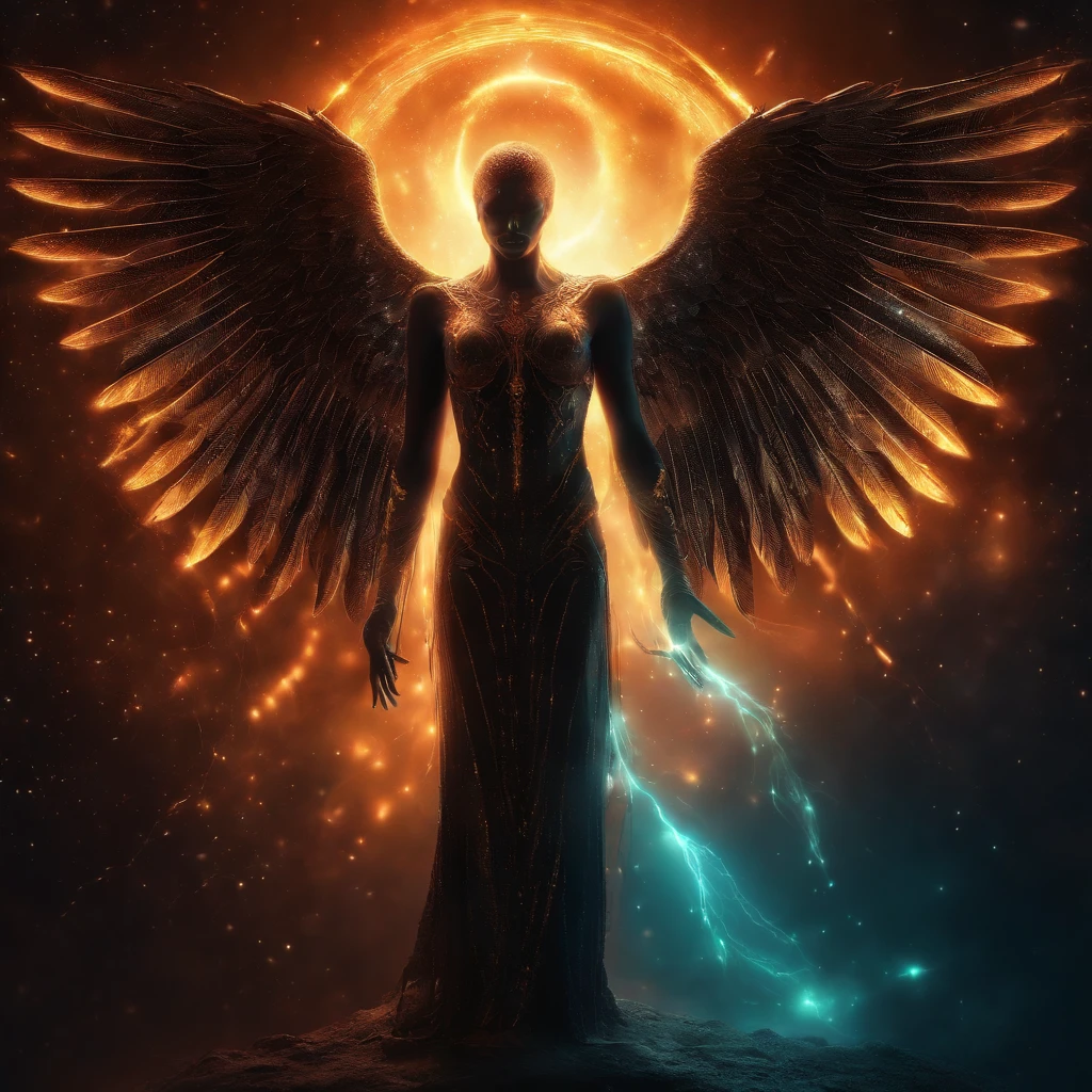Cosmic Fallen Angel, glowing light eyes, Biomechanical, eerie, Creepy, nightmarish, Very bright colors, Light particles, with light glowing, Mshiff, wallpaper art, UHD wallpaper