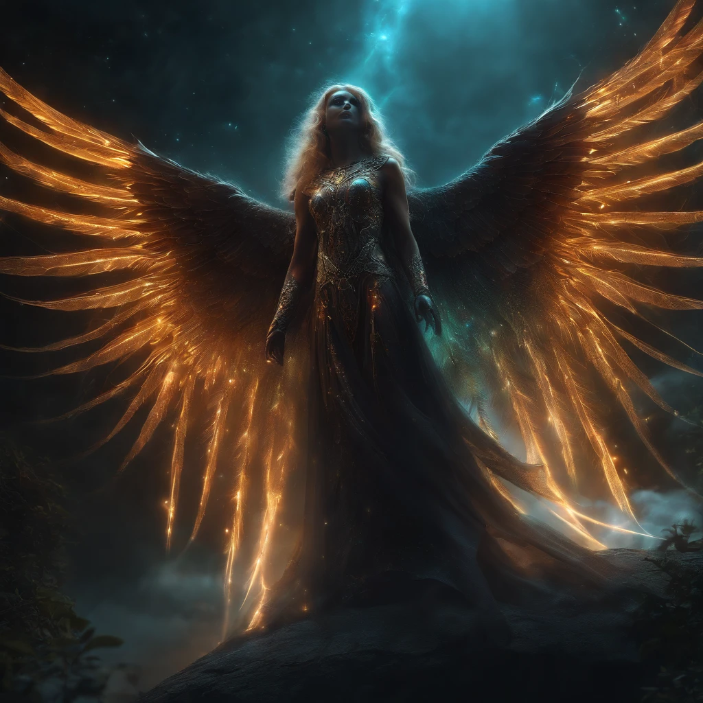 Cosmic Fallen Angel, glowing light eyes, Biomechanical, eerie, Creepy, nightmarish, Very bright colors, Light particles, with light glowing, Mshiff, wallpaper art, UHD wallpaper
