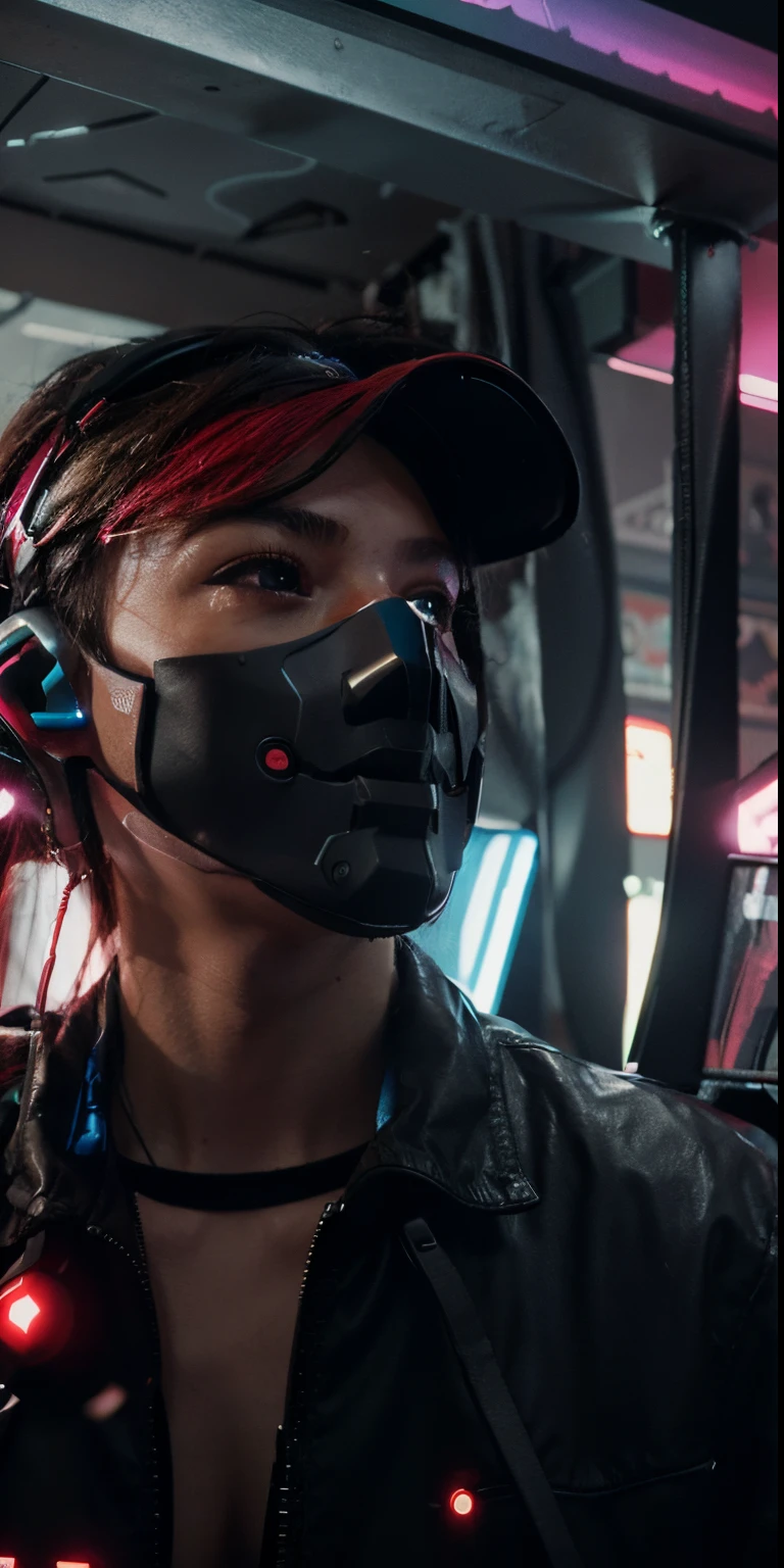 Cartoon face, gamer mask, cyberpunk background, gaming headphones,