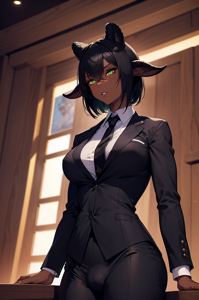 (Masterpiece) (High Detail) (High Res) (Black Skin) Looking from below A tall black humanoid girl with dark skin and ebony flesh and green eyes and short black hair and half her head shaved and goat ears and short dark goat horns and a toned body and average to small breasts and wearing a formal suit and tie with a massive bulge in her pants from her penis at the bar