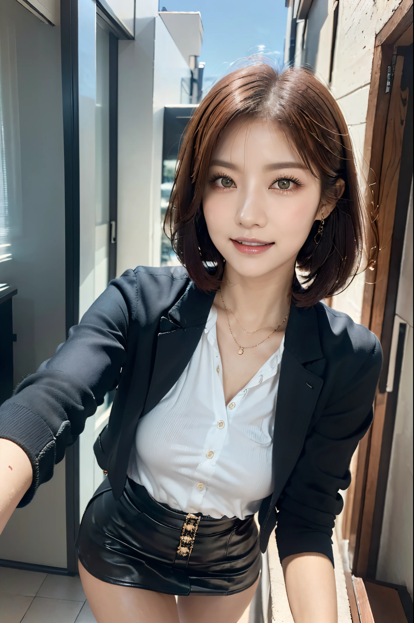 最high quality, In 8K, Masseter region, Vibrant, Sharp focus, high quality, High resolution, Detailed face, fine grain, Thick lips, (Looking at the audience), alone, Beautiful woman, 38 years old, Japanese women, (Short black hair:1.4)、(Bob Hair:1.4), Cleavage, Lunch break、Large city park、Green Grass、In front of a big fountain、(sitting on a park bench:1.3)、(Full body photo:1)、(Japanese women)、(Mitsubishi Bank uniform:1.8), (wearing a dark 青 vest over a white blouse:1.5), The vest has three gold buttons, (Red, blue and white ribbon around his neck)、(Knee-length dark blue skirt)、(Black pumps:1.5)、(Red lipstick:1)、(smile:1.3)、(standard body type)、(D cup breasts)