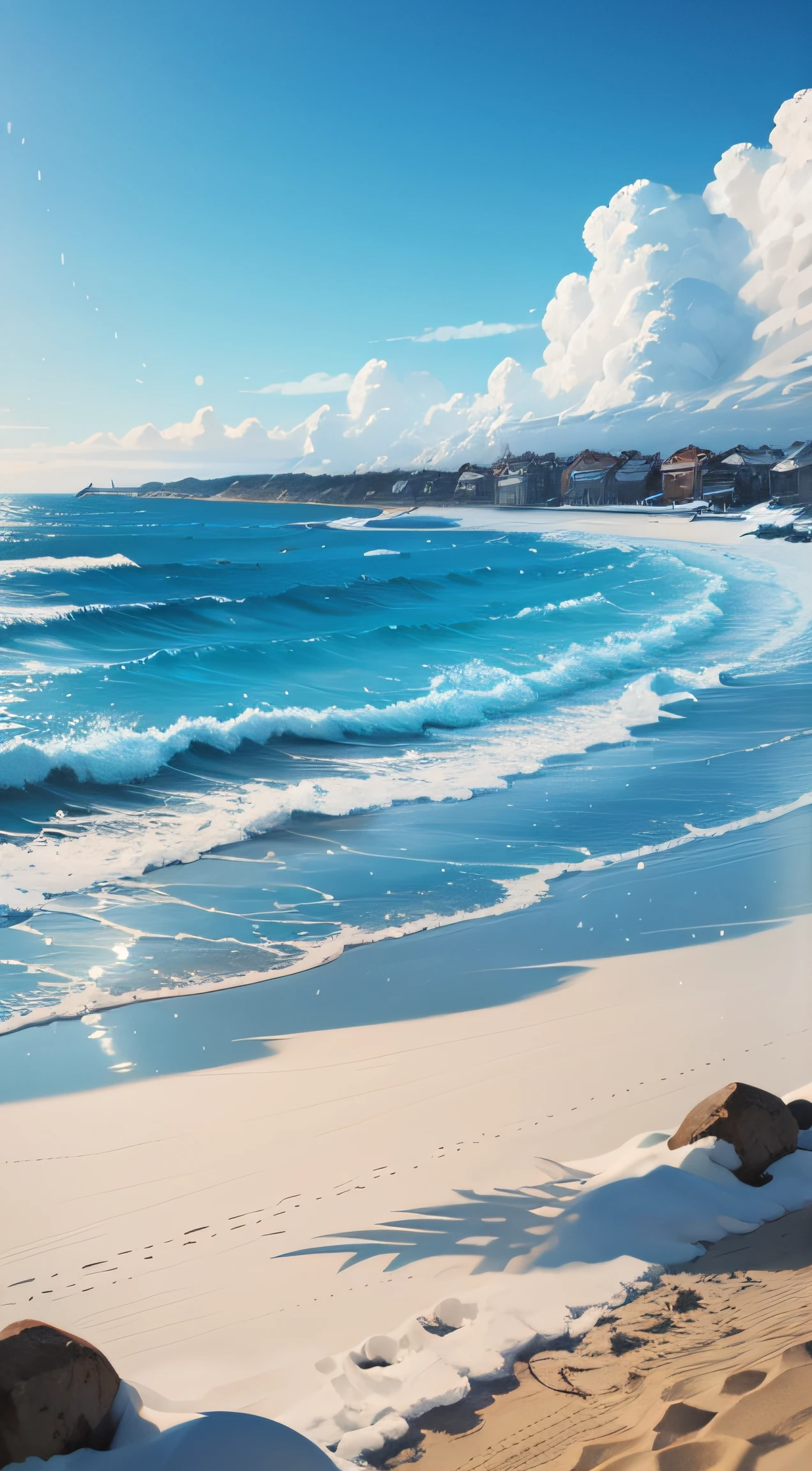 Winters,Seafront,blue-sky,hand painted style,snow season