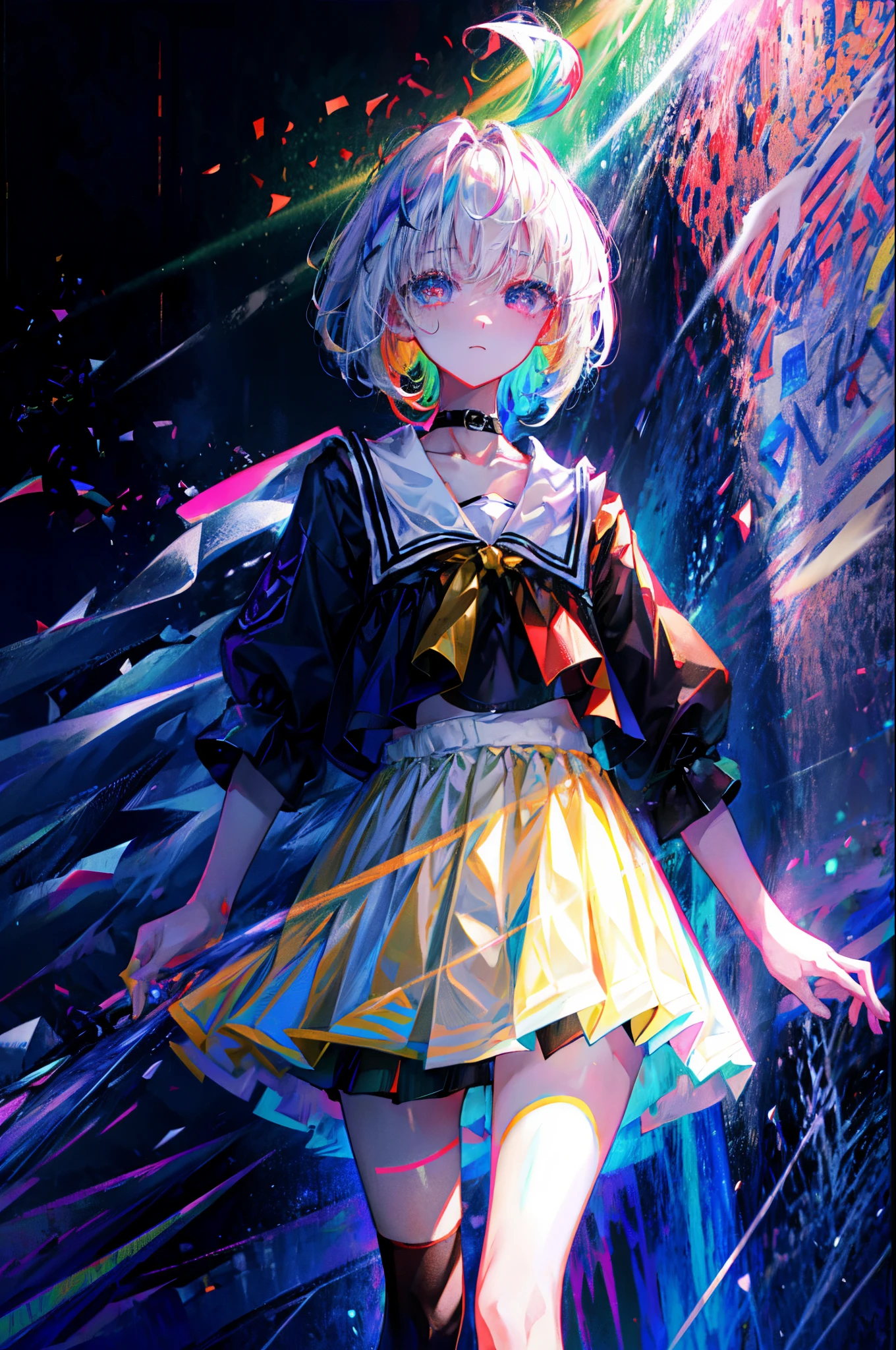 Rainbow on background、Irridescent color、colourfull、top-quality、超A high resolution、(Photorealsitic:1.4)、Female 1 Person、Sleeveless white buttoned shirt、Black skirt、Black Choker、cute little、(Kpop Idle)、(attractiveness:1)、(Platinum Blonde Hair:1)、((Puffy eyes))、Look at the viewer、full body Esbian、Facing the front