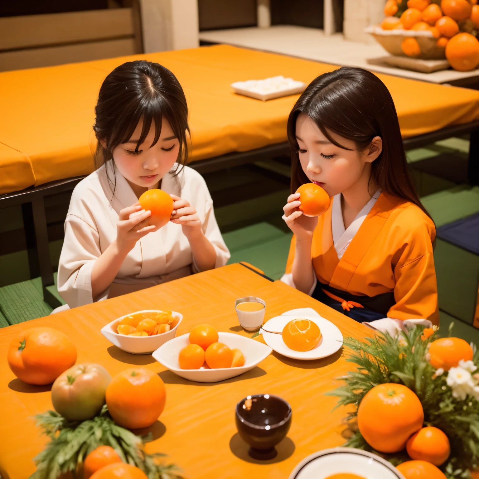 photoRealstic、Japanese New Year traditional events、Kotatsu and tangerines、girl eating orange