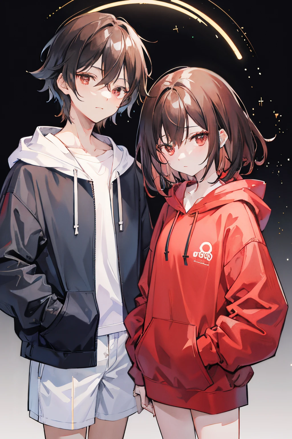 simple background、(masutepiece、Masterpiece、cute little、8K)4K: Friendly mature couple. man with black hair and red eyes, Eta、Woman with graceful brown hair and charming brown eyes,The woman was wearing a light blue hoodie."