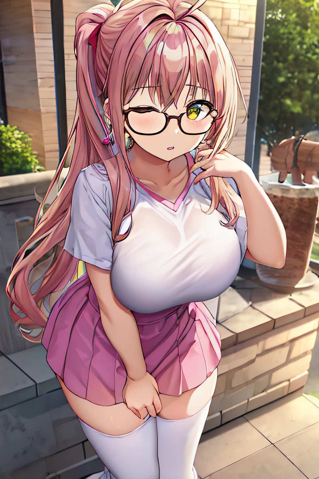 Full body girl, big breasts, yellow eyes, glasses, wearing a light pink t-shirt, a white skirt, white thighhighs, boots, shy, earrings, one eye closed, hair ribbon, long hair, side ponytail, pink hair, ahoge, best quality