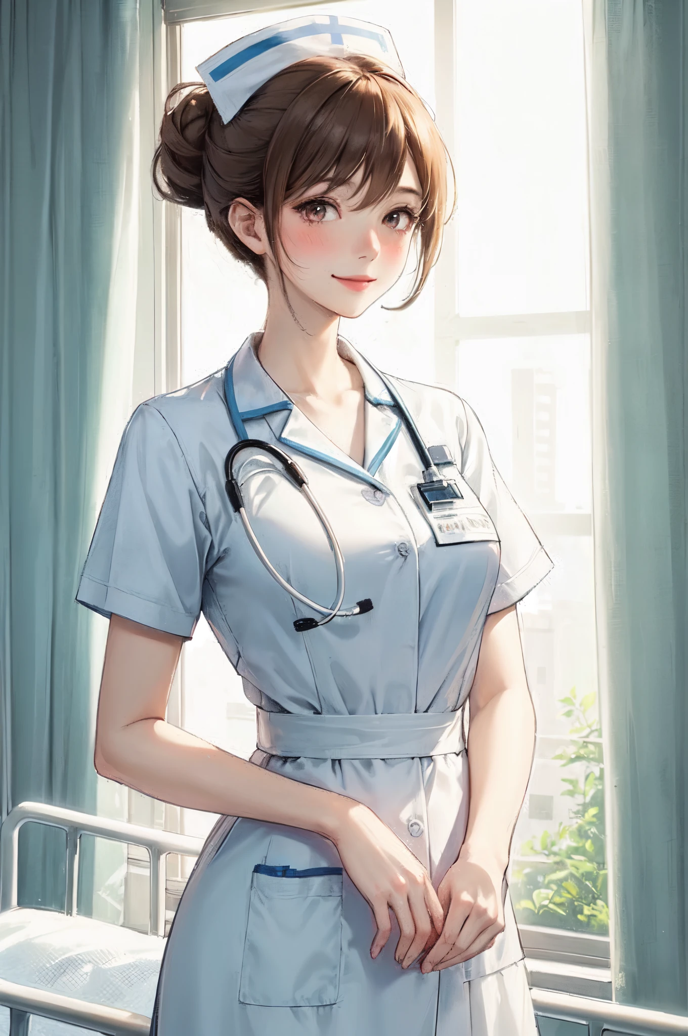 1lady solo, nurse, /(nurse uniform/), /(brown hair/) hair up, blush kind smile, (masterpiece best quality:1.3) delicate illustration ultra-detailed, large breasts BREAK /(hospital indoors/) window