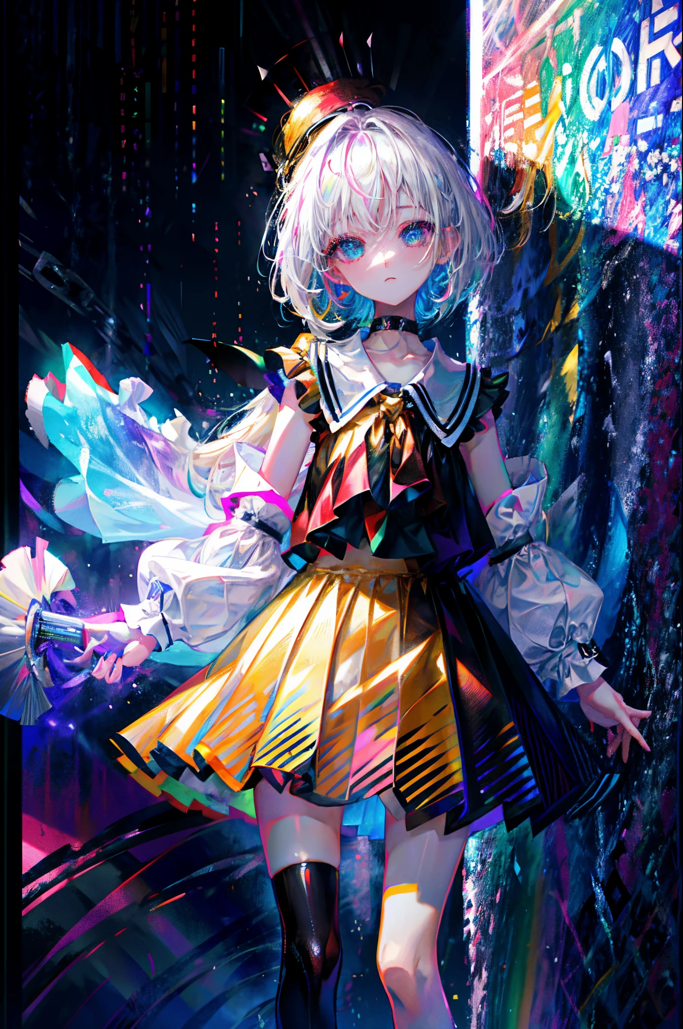 Rainbow on background、Irridescent color、colourfull、top-quality、超A high resolution、(Photorealsitic:1.4)、Female 1 Person、Sleeveless white buttoned shirt、Black skirt、Black Choker、cute little、(Kpop Idle)、(attractiveness:1)、(Platinum Blonde Hair:1)、((Puffy eyes))、Look at the viewer、full body Esbian、Facing the front