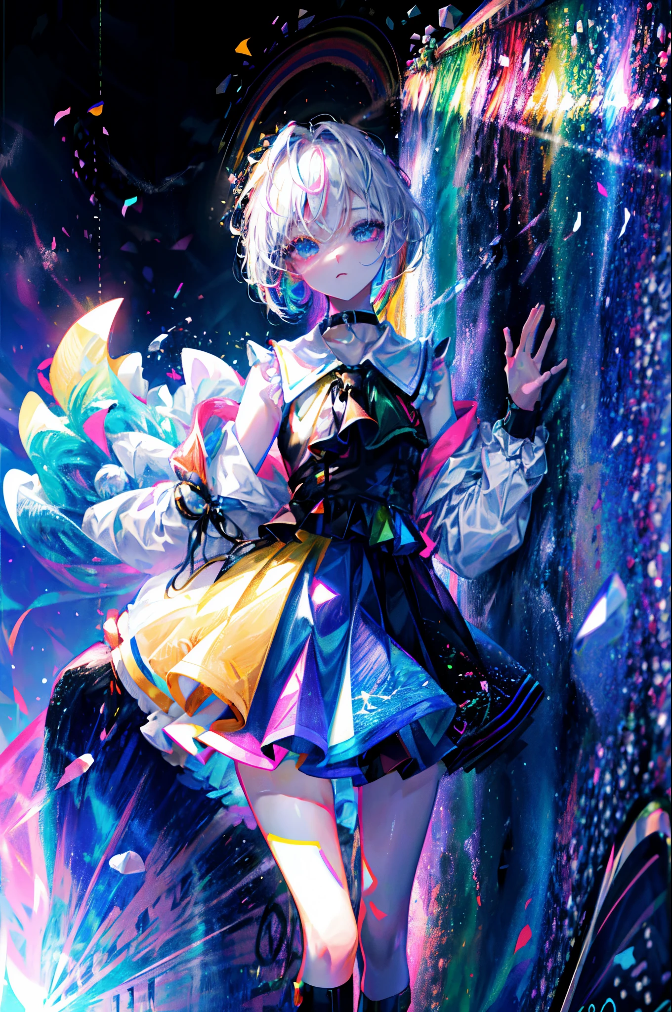 Rainbow on background、Irridescent color、colourfull、top-quality、超A high resolution、(Photorealsitic:1.4)、Female 1 Person、Sleeveless white buttoned shirt、Black skirt、Black Choker、cute little、(Kpop Idle)、(attractiveness:1)、(Platinum Blonde Hair:1)、((Puffy eyes))、Look at the viewer、full body Esbian、Facing the front