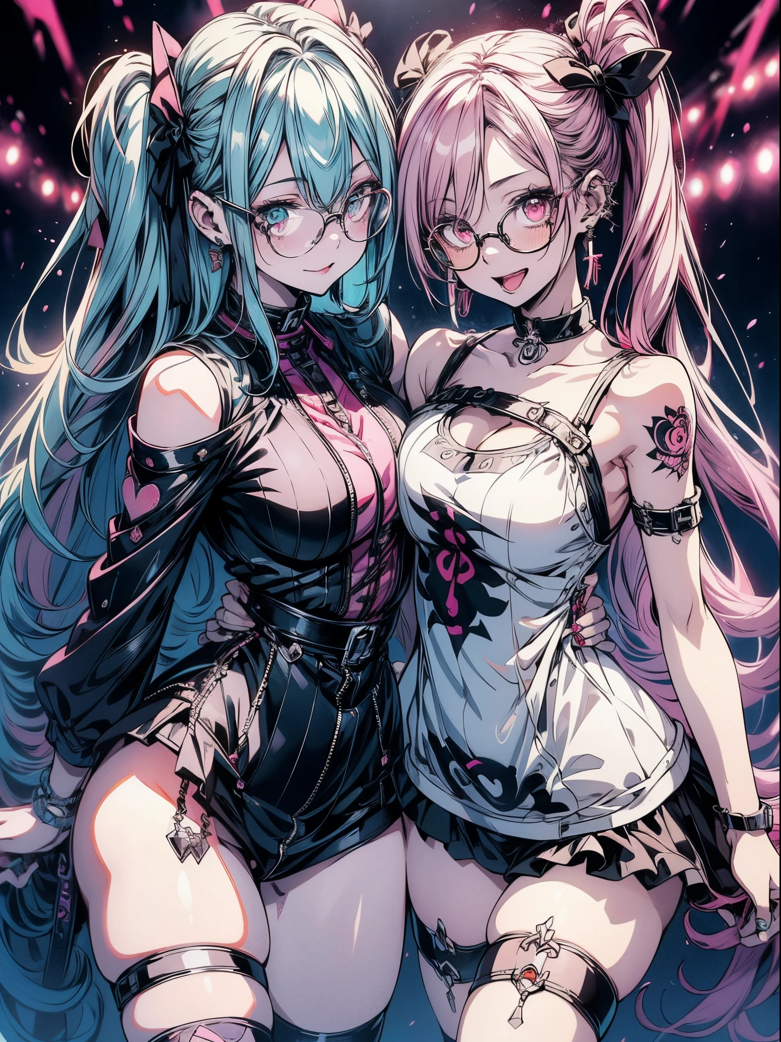 absurderes,Best Quality,Insanely detailed,punk theme,1 cute lovely girl,Seductive smile with open mouth,Tongue out,Peace,short drill twin tails,aqua hair,Pink eyes,(Round glasses:1.2),(Komono :1.2),large full breasts、Japan hair ornament,thighs thighs thighs thighs ,striped knee highs,ear piercings,Navel piercing,cleavage,Public tattoos,arm tatoo,sparkly eyes,Beautiful and detailed eyes,glowing pale skin,pinkish pose,Professional Lighting,Dynamic Angle ,Punk background,Hyper realistic, Perfect Anatomy, Perfect five fingers