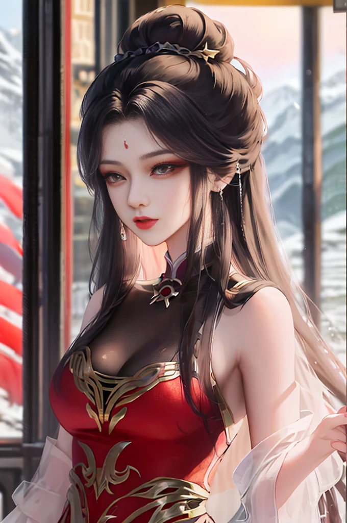 heroes&#39;A masterpiece in the style of ancient Wei Zi，Close-up of a woman with black hair，Red dress，Exquisite epic character art，Presenting stunning aesthetics and antique atmosphere，The delicate brushstrokes and depth of field in the picture make you immersed in the scene，Fan Qiwu quasi-world can be regarded as the beauty of mountains and rivers，Liu Yifei,