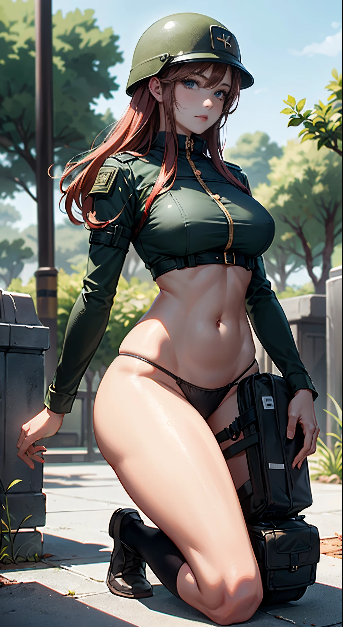 1woman 20 years old, max resolution, sculpted, military, wearing a soldier helmet, beautiful, perfect body, red hair, blue eyes, perfect body, thin waist, wide hips, large breasts, slim thighs, jungle background, armored vehicle, military robot dog, camouflaged uniform, tight panties, two-piece, highly detailed, high resolution, perfect hands, side view, camo, face fully turned to the side to look at the viewer, turn her head to look at the viewer, genuflection kneeling, one knee on ground, one knee up,