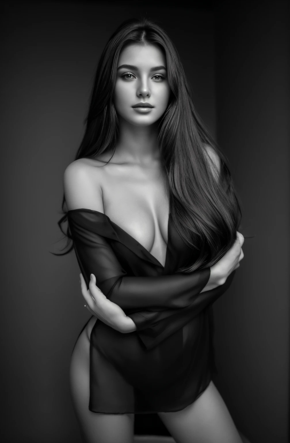 32k UHD a black and white photo of a woman posing for a picture, sensual, by Dmitry Levitzky, gorgeous face and figure, photo of a beautiful woman, by Serge Sudeikin, by Dimitre Manassiev Mehandjiysky, by Andrey Esionov, wonderful wavy dark hair, gorgeous woman, by Marcin Zaleski, gorgeous beautiful woman. Ultra detailed skin and face. She has few blemishes.