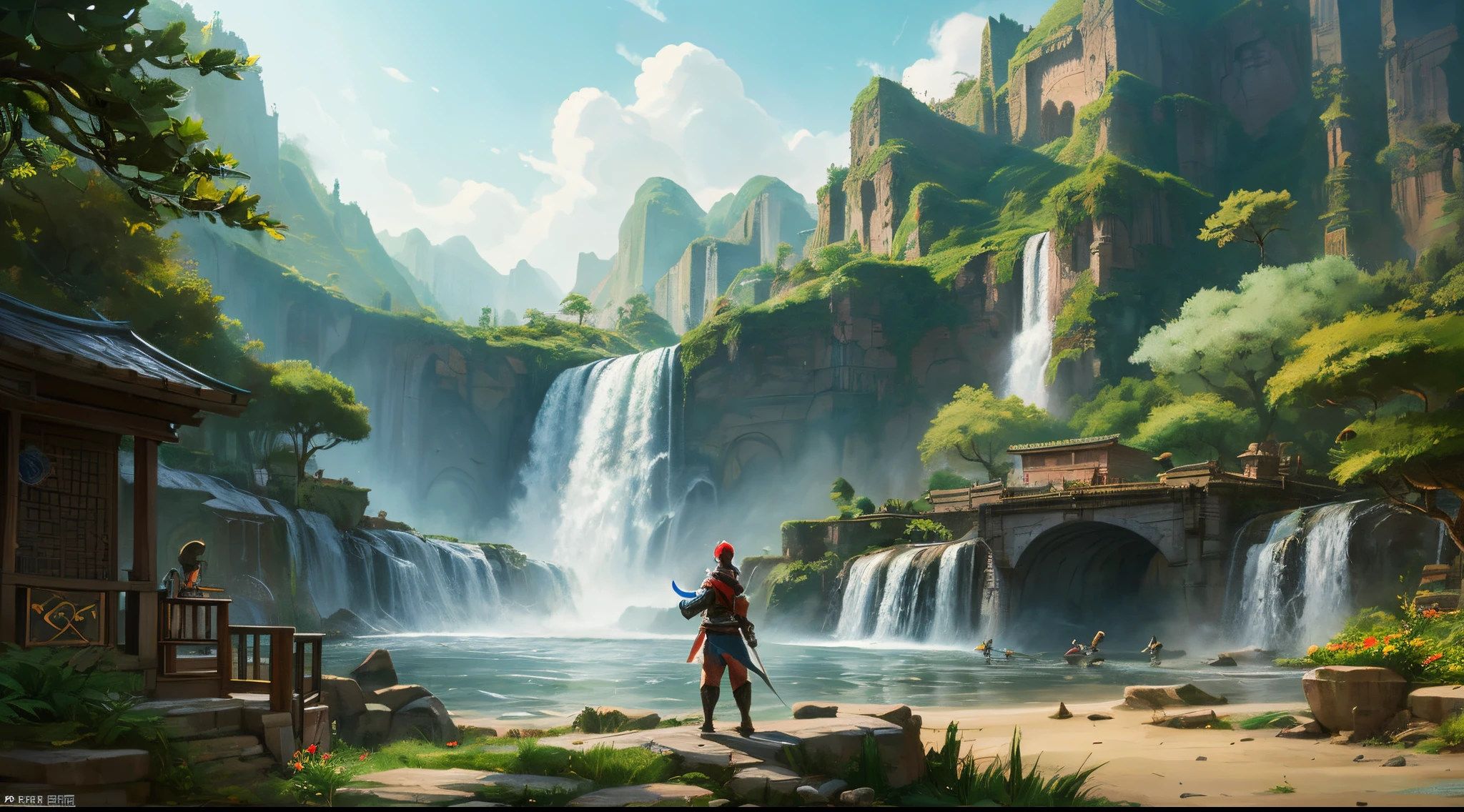 There is a painting of a waterfall and a building in the background, concept art inspired by Feng Zhu, Art Station Contest Winners, concept-art, Riot Games Concept Art, scenery background, feng zhu concept art, concept-art | feng zhu, Chinese martial arts art, traditional japanese concept art, beautiful concept art, League of Legends concept art