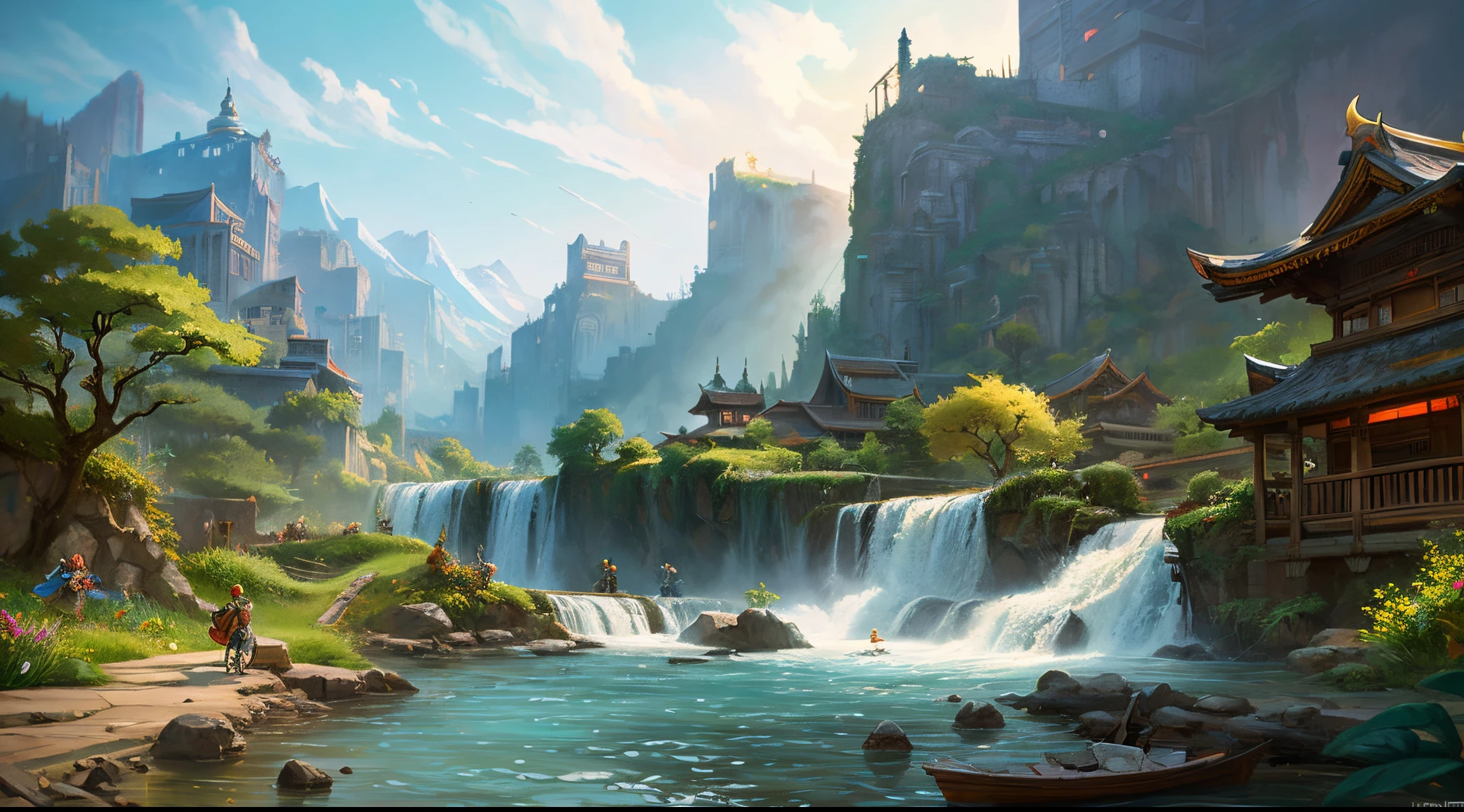 There is a painting of a waterfall and a building in the background, concept art inspired by Feng Zhu, Art Station Contest Winners, concept-art, Riot Games Concept Art, scenery background, feng zhu concept art, concept-art | feng zhu, Chinese martial arts art, traditional japanese concept art, beautiful concept art, League of Legends concept art