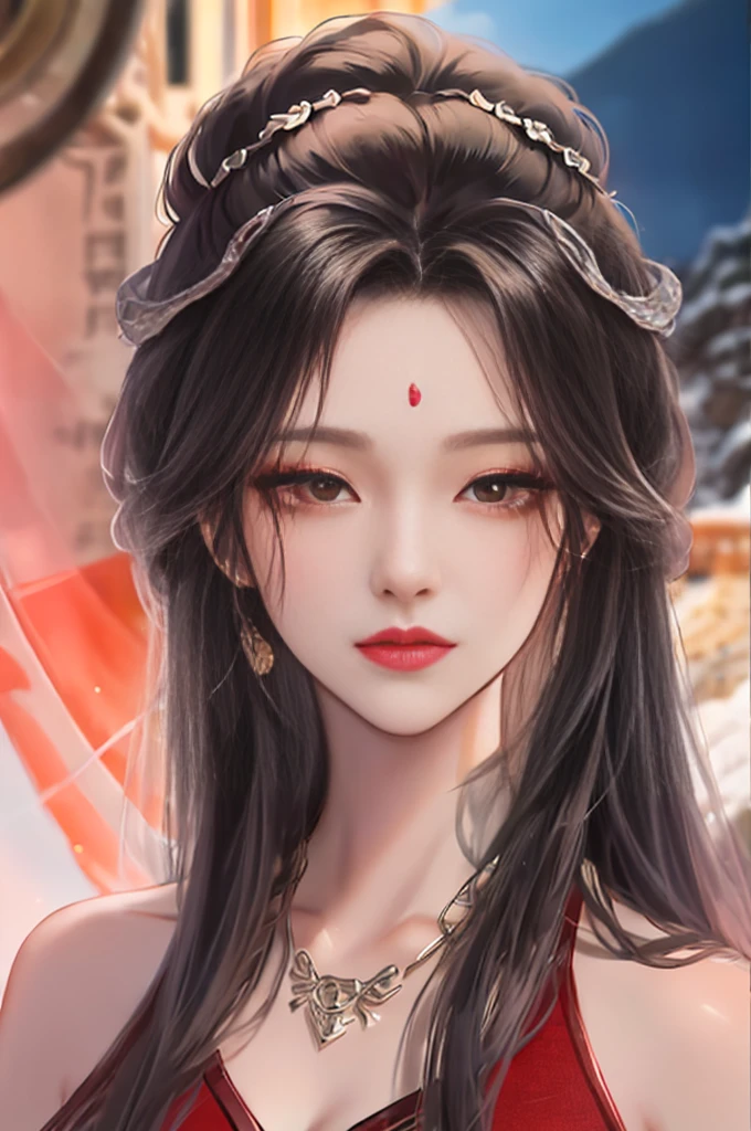 heroes&#39;A masterpiece in the style of ancient Wei Zi，Close-up of a woman with black hair，Red dress，Exquisite epic character art，Presenting stunning aesthetics and antique atmosphere，The delicate brushstrokes and depth of field in the picture make you immersed in the scene，Fan Qiwu quasi-world can be regarded as the beauty of mountains and rivers，Liu Yifei,