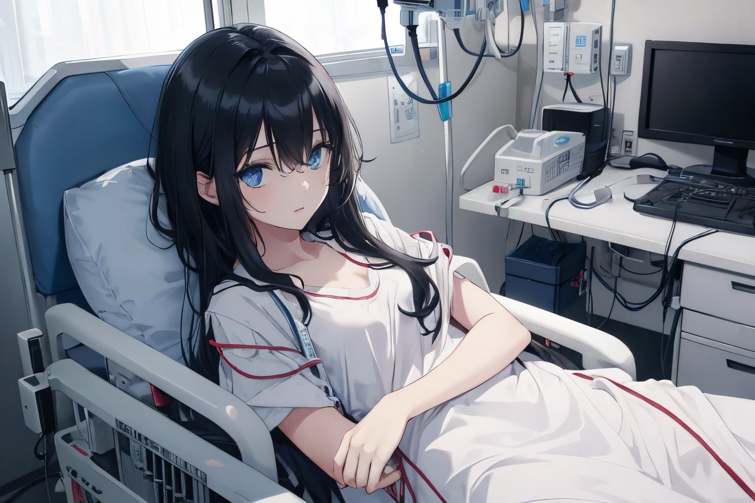 A young girl in a hospital gown, Long black hair hanging loosely, Lie on your back on a hospital bed, Peripheral medical equipment, The picture shows the hospital rescue scene, Blue eyes,