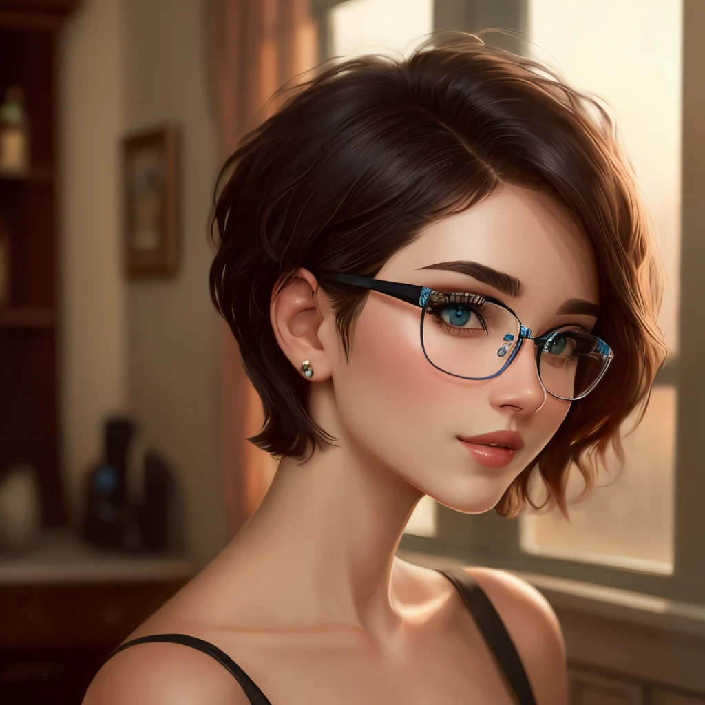 short detailed hair，eye glass，Beautuful Women