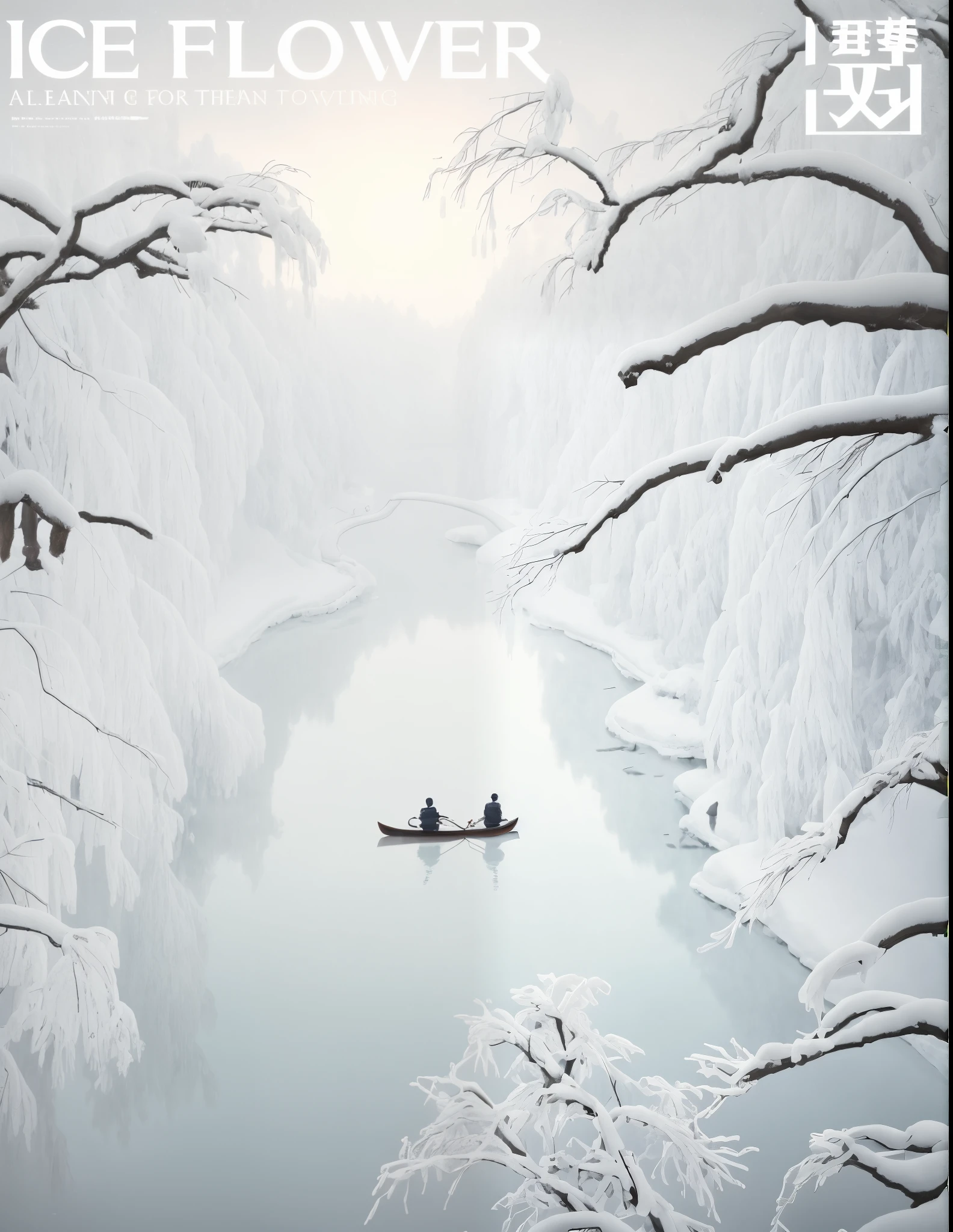 Chinese ink style poster,A man and a woman rowing in the snow, (Yuki),nevando,clean scene,beautiful cinematic poster, Official artwork, Snowy Land.