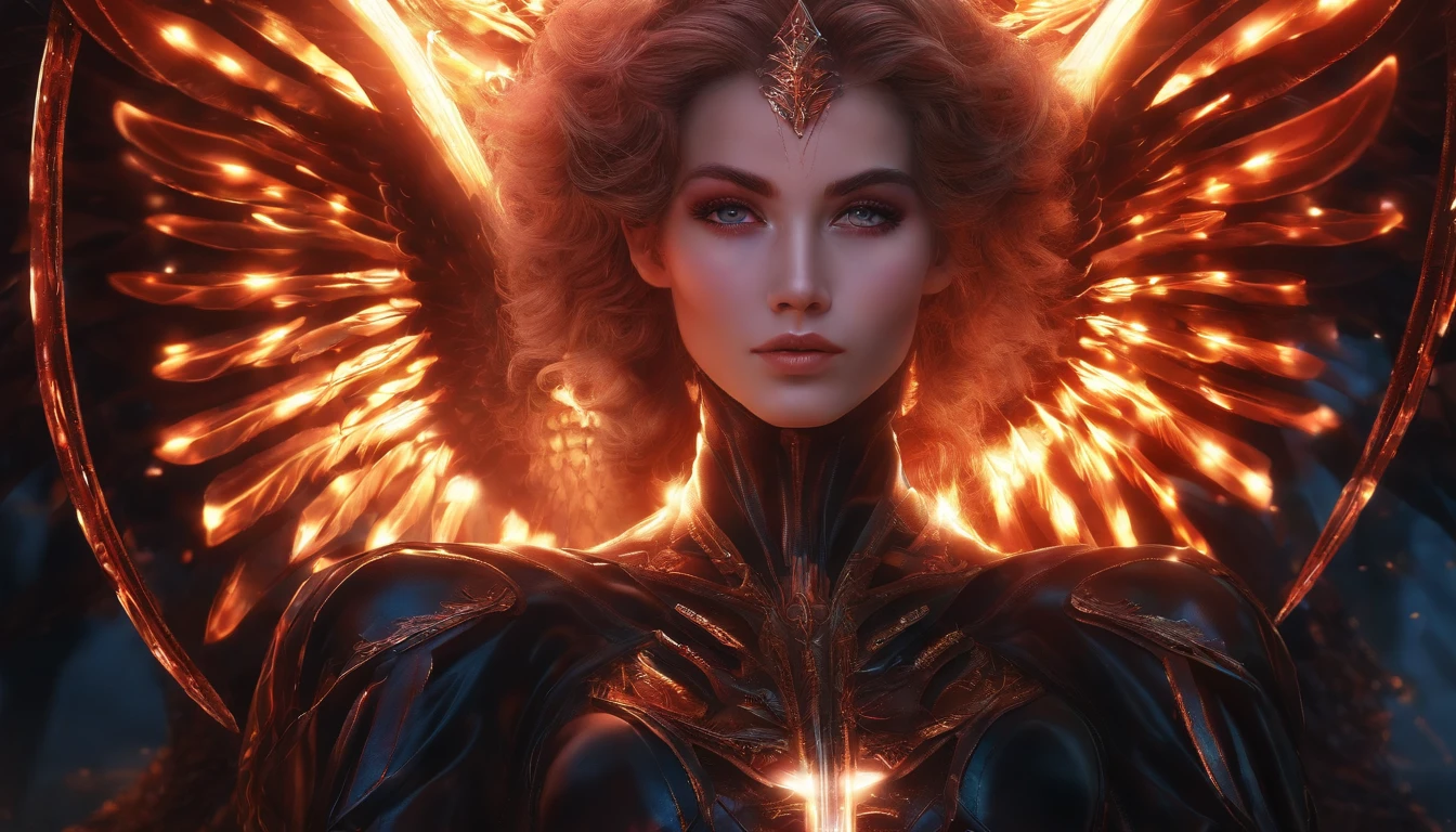 (1980s anime), Cosmic female Fallen Angel, glowing light eyes, Biomechanical, eerie, Creepy, nightmarish, Very bright colors, Light particles, with light glowing, Mshiff, wallpaper art, UHD wallpaper