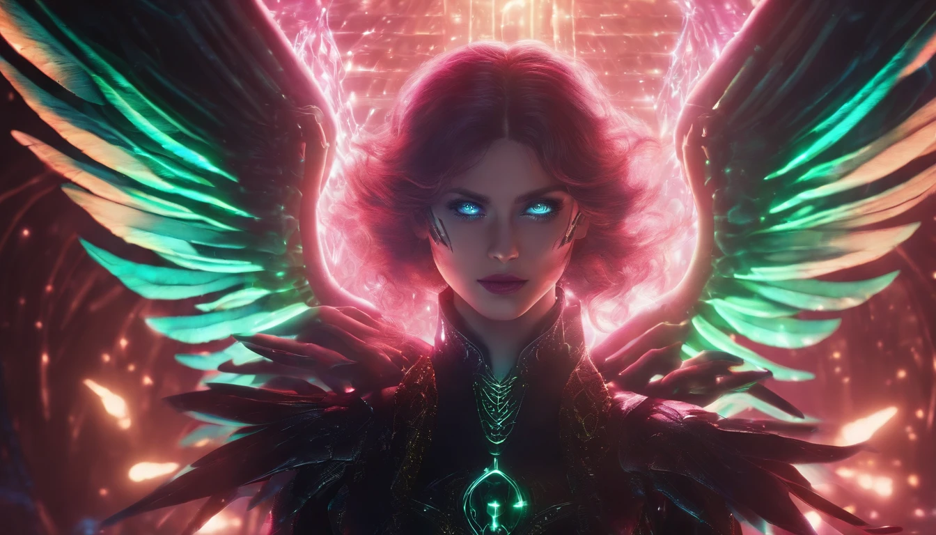 (1980s anime), Cosmic female Fallen Angel, glowing light eyes, Biomechanical, eerie, Creepy, nightmarish, Very bright colors, Light particles, with light glowing, Mshiff, wallpaper art, UHD wallpaper