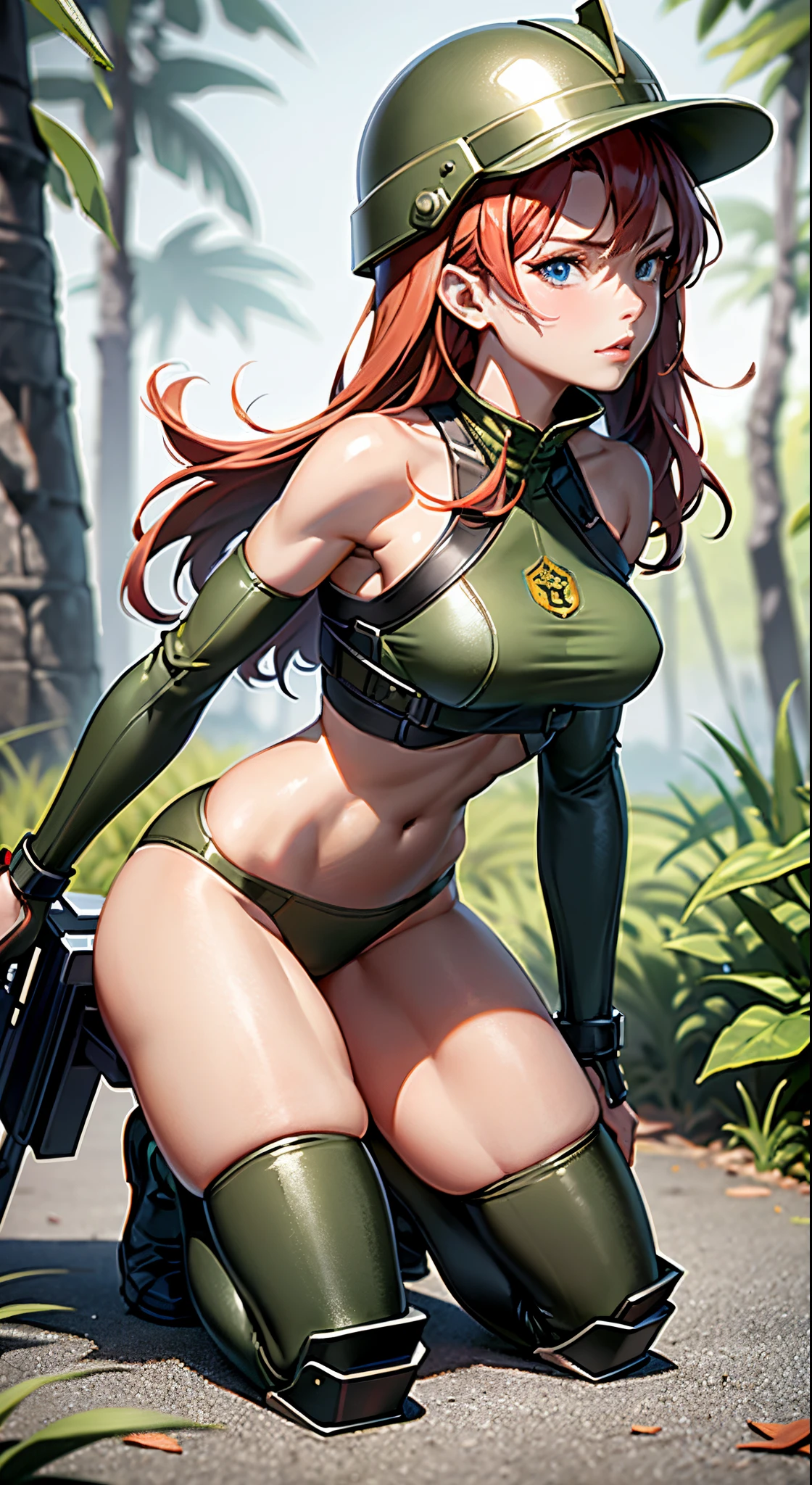 1woman 20 years old, max resolution, sculpted, military, wearing a soldier helmet, beautiful, perfect body, red hair, blue eyes, perfect body, thin waist, wide hips, large breasts, slim thighs, jungle background, armored vehicle, military robot dog, camouflaged uniform, tight panties, two-piece, highly detailed, high resolution, perfect hands, side view, camo, face fully turned to the side to look at the viewer, turn her head to look at the viewer, genuflection kneeling, one knee on ground, one knee up, bare shoulders