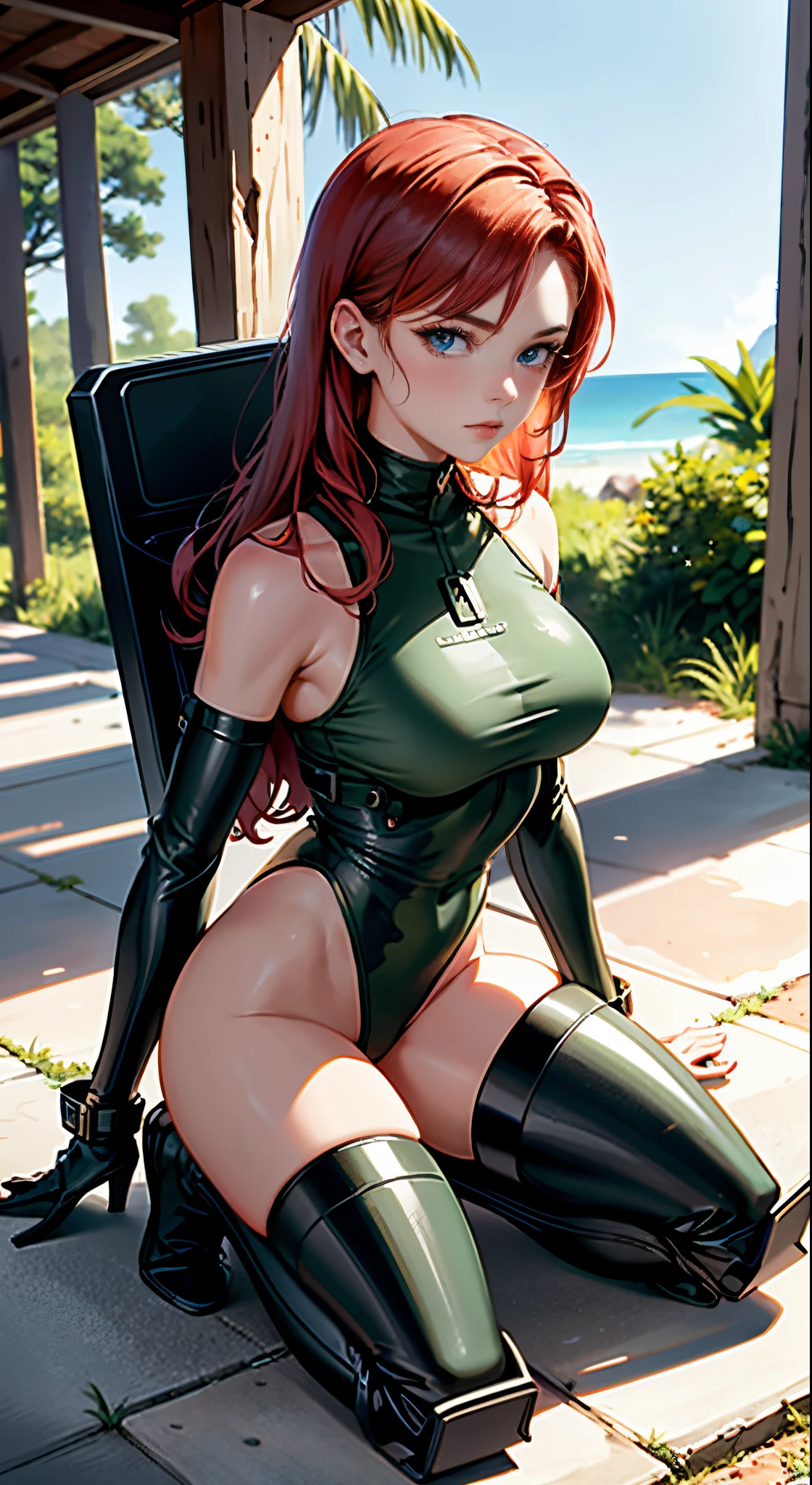 1woman 20 years old, max resolution, sculpted, military, wearing a soldier helmet, beautiful, perfect body, red hair, blue eyes, perfect body, thin waist, wide hips, large breasts, slim thighs, jungle background, armored vehicle, military robot dog, camouflaged uniform, tight panties, two-piece, highly detailed, high resolution, perfect hands, side view, camo, face fully turned to the side to look at the viewer, turn her head to look at the viewer, genuflection kneeling, one knee on ground, one knee up, bare shoulders