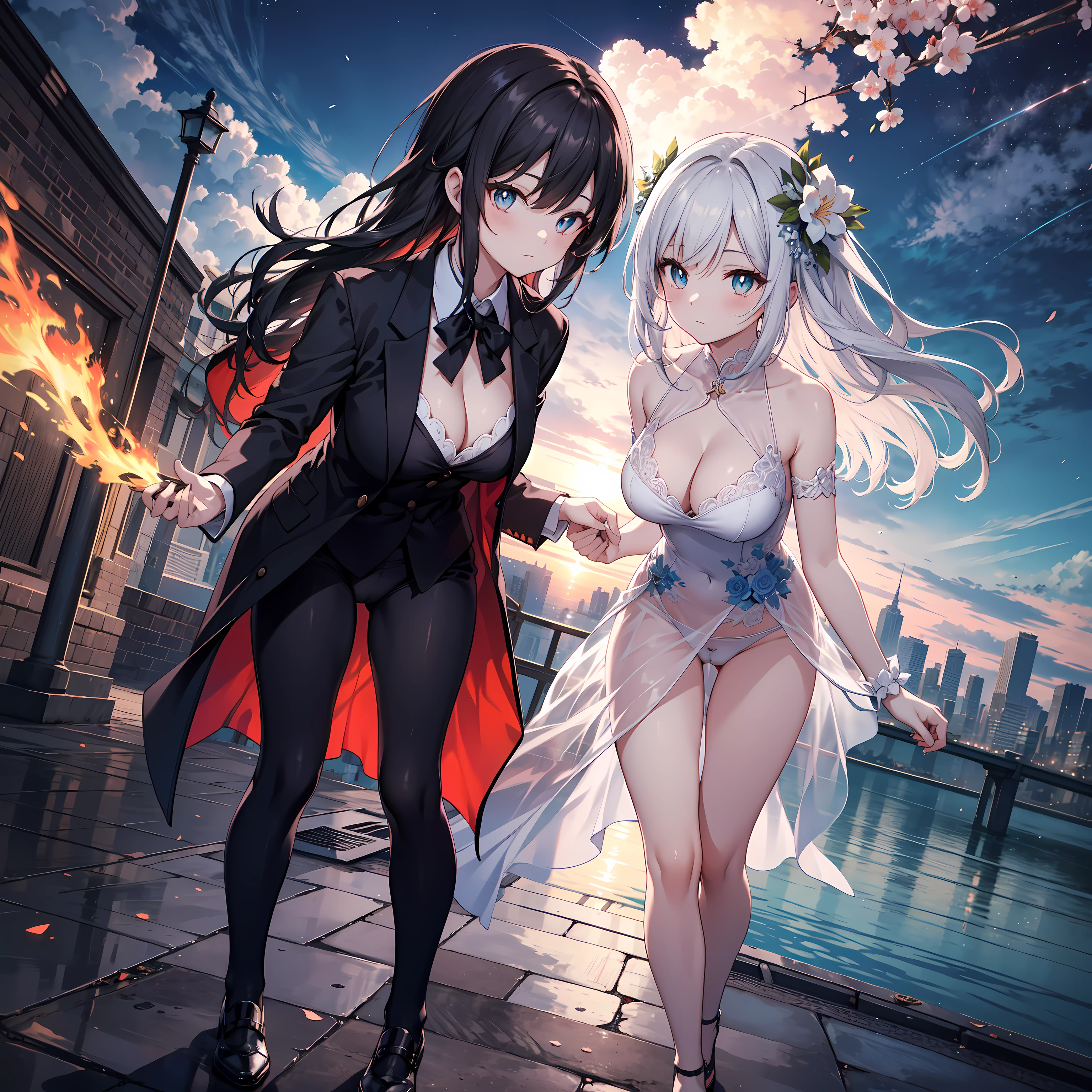 {{{tmasterpiece}, }}, {extremely detaild的 CG unified 8k wallpapers}, Amazing cleavage, Detailed pubic hair, Alone, {{strike}, }, {{Sakura NS}, }, Outdoor sports, sky sky, {{ventania}, }, detailedbackground, beautidful eyes, ssee-through:evening formal robes:0.3,  Bright pupils, {{Full body lesbian}, }, dynamicposes, dynamic angle, looking at viewert, 电影灯光, Close-up cleavage, Best quality at best