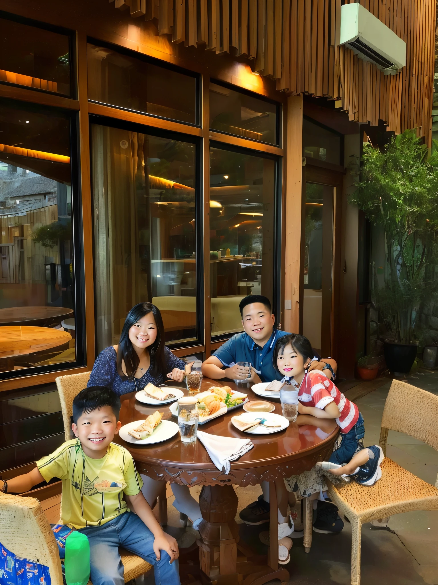 there are a group of people sitting at a table with plates of food, family dinner, barong family, happy family, family photo, vacation photo, al fresco, screengrab, artisanal art, family friendly, by Robbie Trevino, photo taken with nikon d750, photo taken with nikon d 7 5 0, hi-res scan