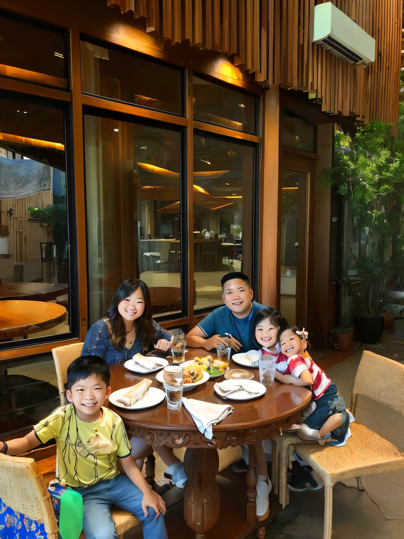 there are a group of people sitting at a table with plates of food, family dinner, barong family, happy family, family photo, vacation photo, al fresco, screengrab, artisanal art, family friendly, by Robbie Trevino, photo taken with nikon d750, photo taken with nikon d 7 5 0, hi-res scan