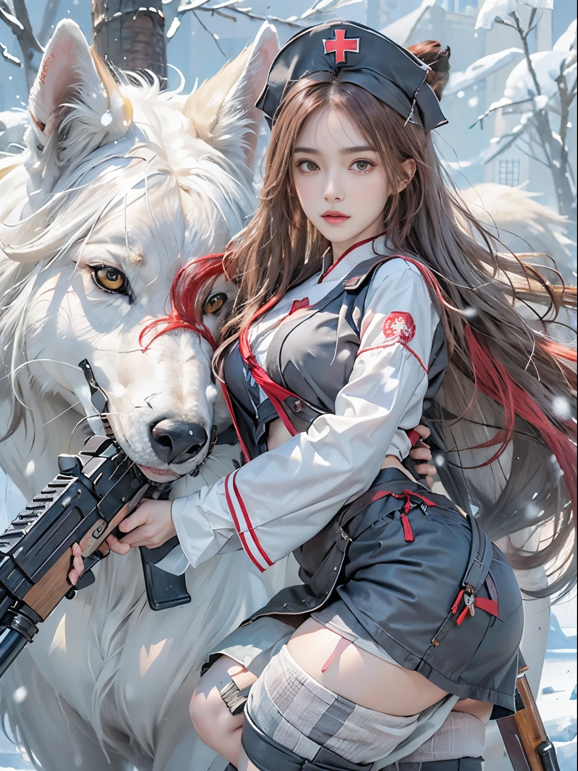 realistically, A high resolution, 1人の女性, butt lift, view the viewer, (Detailed faces),red hair clothes,Chest leakage，Showing the belly，Leaky thighs， Long gray hair, nurse's outfit, livestock，Snow Wolf is by my side，Snow background, Girl aiming AK-47 assault rifle