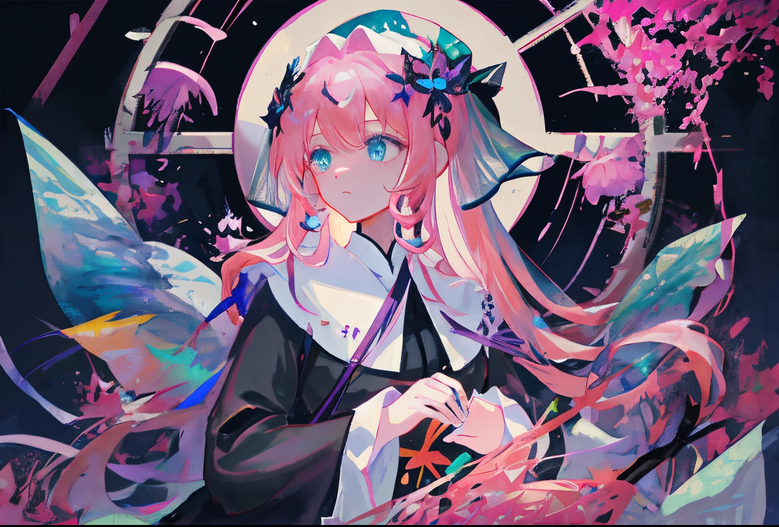 Dramatic 3D rendering of galactic vortex、Pink green purple paint dripping、Splash color、professional photoshooting、（Delicate depiction of the face）、Studio quality、Peerless beautiful girl、Melancholic maiden，Sense of brokenness，（Scarlet and pink hair），high ponytails，butterflies flying，The is very detailed的 CG unified 8k 壁纸，（Ink painting and watercolor），（black catholic nun dress），（Delicate depiction of the face），（（blue color eyes）），（Loose hair），Falling snowflakes，（ancient wind），詳細な目、（（（closeup of face）））