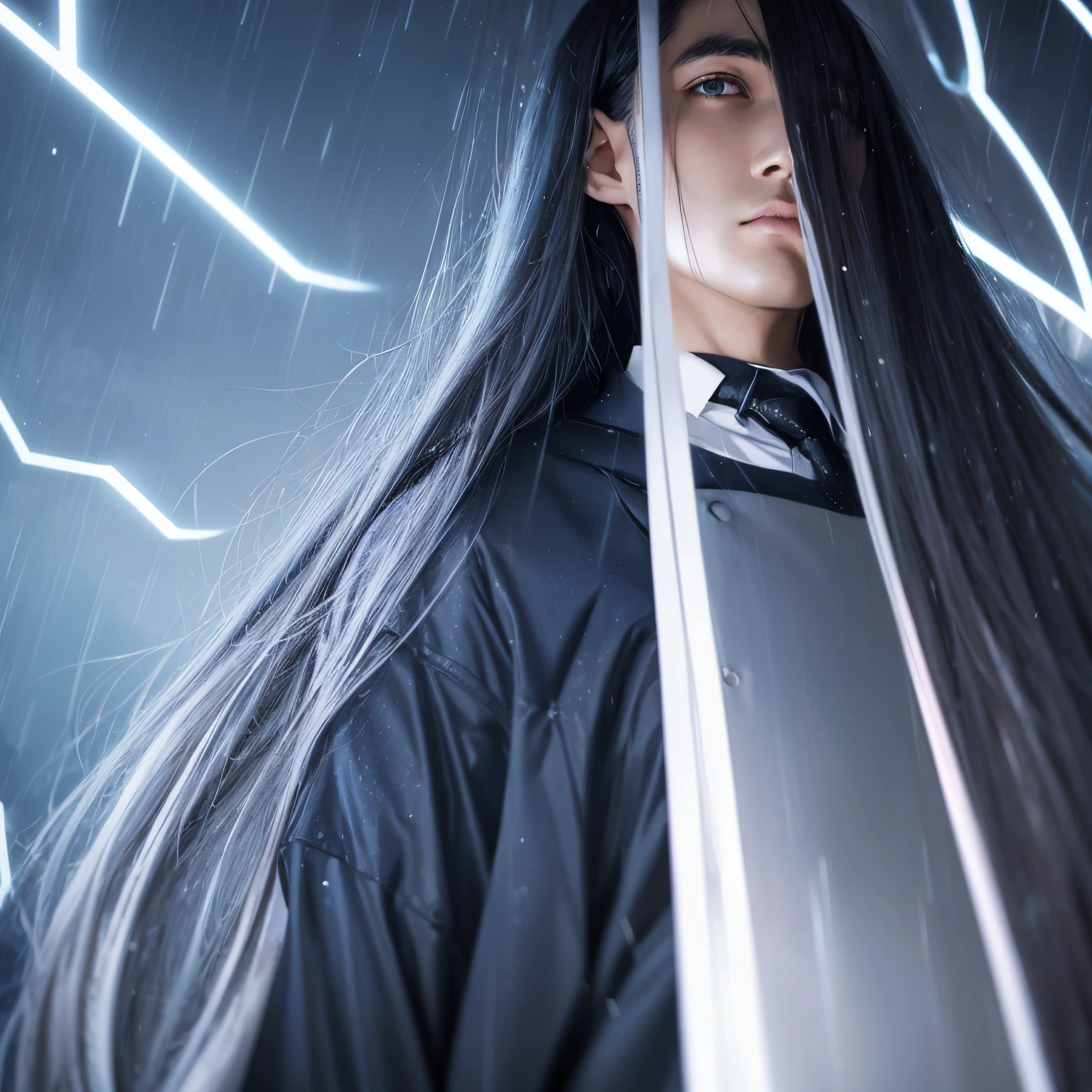 Anime man, animation, drawing Long hair, navy hair, navy long hair, large eyes, silver eyes, deep blue hair, best quality, HD, super clear, depth of field, slender man, anime style, ultra clear, raining, gloomy weather, work suit, male, 2D style, anime, beautiful man, dark sky